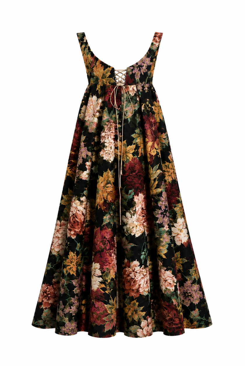 The Sarvin Golshifteh Floral Corset Midi Dress features a sleeveless design with red, yellow, and green florals on black, a fitted lace-up bodice, and a flowing skirt—blending timeless elegance with modern charm.