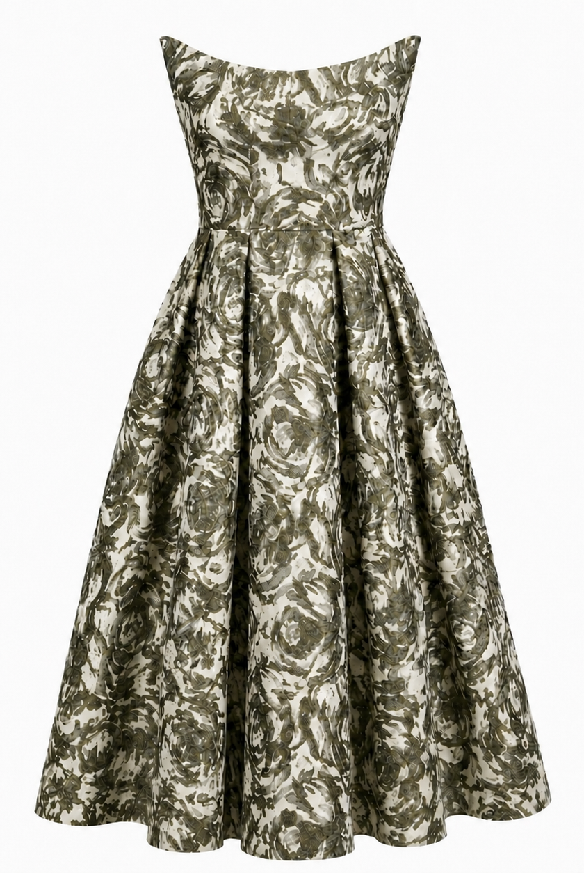 The Tala Corset Midi Dress by Sarvin features a sleeveless, fitted bodice and flared skirt with an abstract green and white floral print. A slightly off-the-shoulder neckline adds structure to this elegant midi silhouette.