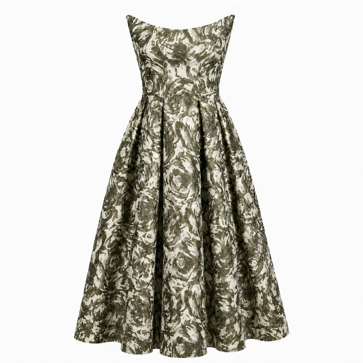 The Tala Corset Midi Dress by Sarvin features a sleeveless, fitted bodice and flared skirt with an abstract green and white floral print. A slightly off-the-shoulder neckline adds structure to this elegant midi silhouette.