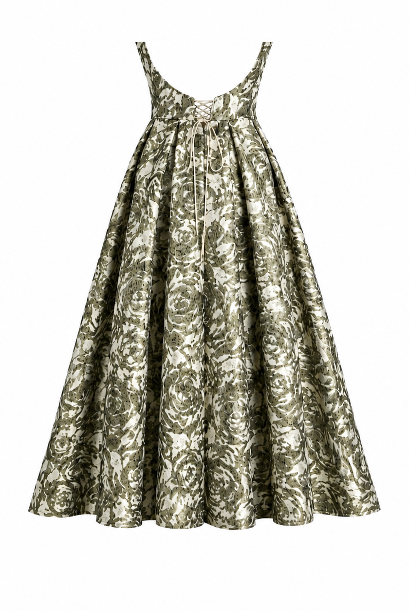 The Sarvin Tala Corset Midi Dress is a sleeveless, fitted dress with a flared skirt. It features green and white gold floral jacquard fabric with a textured look, shown against a plain white background.