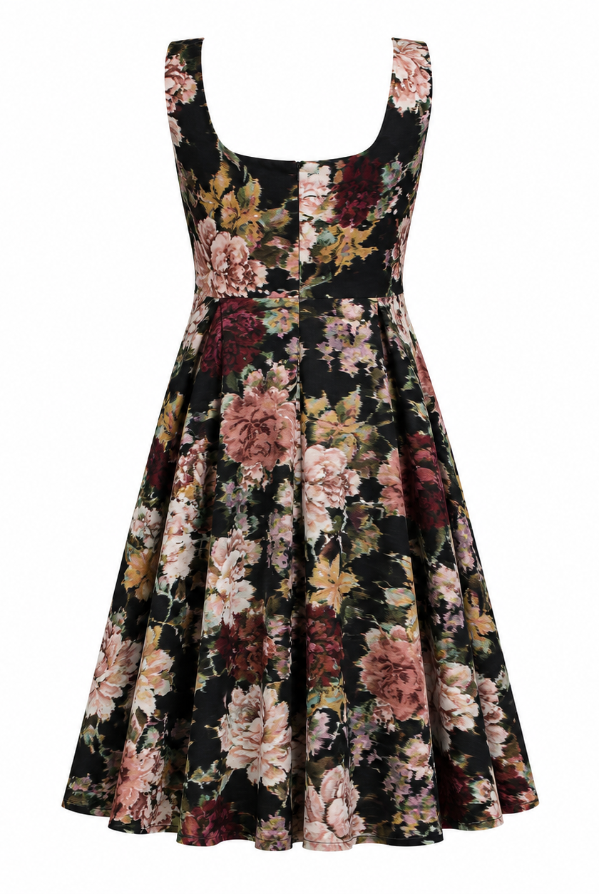 The Sarvin Golha Floral Corset Dress is a sleeveless, knee-length skater style featuring a fitted bodice and flared skirt, with a dark base and bold pink, burgundy, green, and beige floral print.