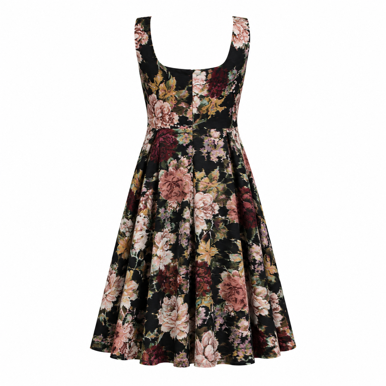 The Sarvin Golha Floral Corset Dress is a sleeveless, knee-length skater style featuring a fitted bodice and flared skirt, with a dark base and bold pink, burgundy, green, and beige floral print.