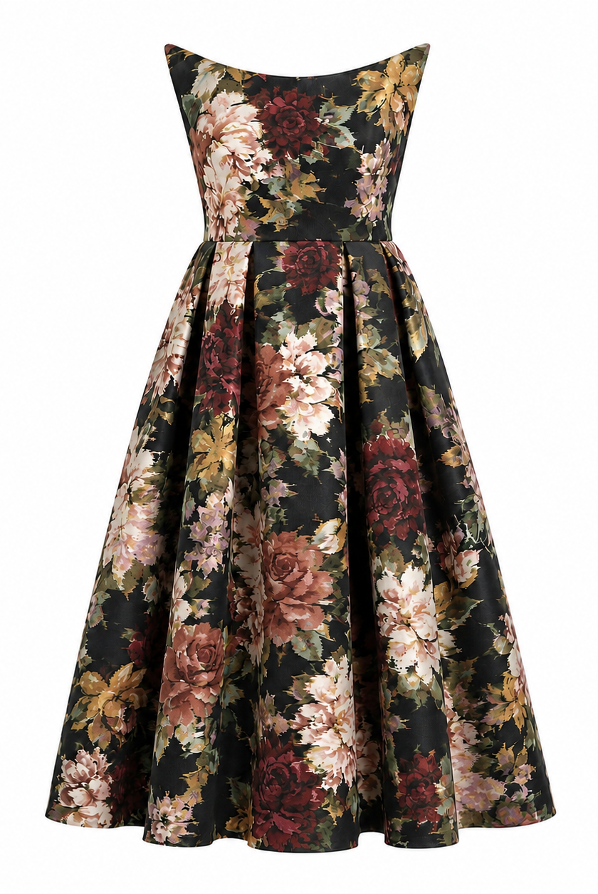 The Sarvin Golshifteh Floral Corset Midi Dress features a sleeveless, strapless fitted bodice and flared skirt, with red, gold, and cream floral prints on black. Displayed against a white backdrop.