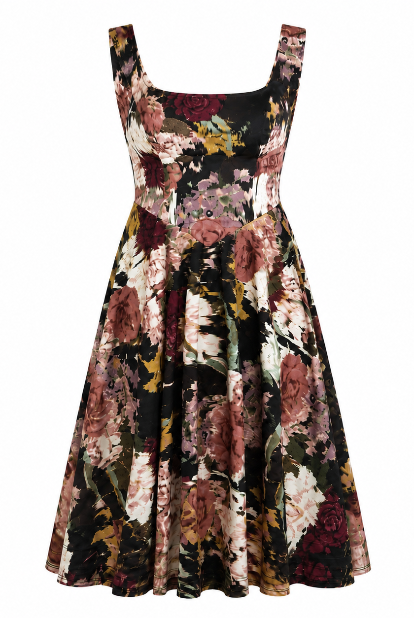The Sarvin Golha Floral Corset Dress is a sleeveless, knee-length skater dress with a fitted bodice and flared skirt, crafted from premium jersey featuring burgundy, pink, and green florals on black.