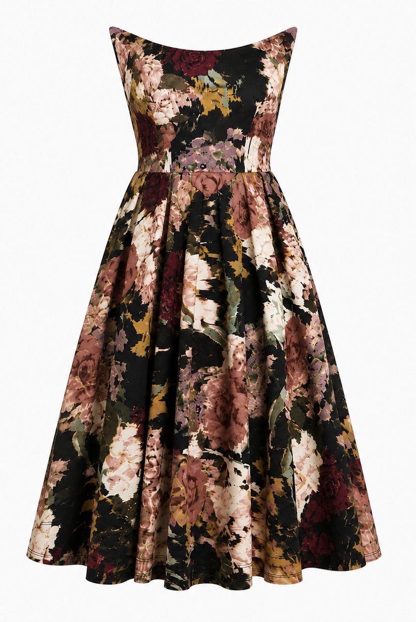 The Sarvin Golshifteh Floral Corset Midi Dress is sleeveless with a fitted bodice and pleated midi skirt, showcasing dark red, pink, beige, and green florals on black. Displayed against a white background.
