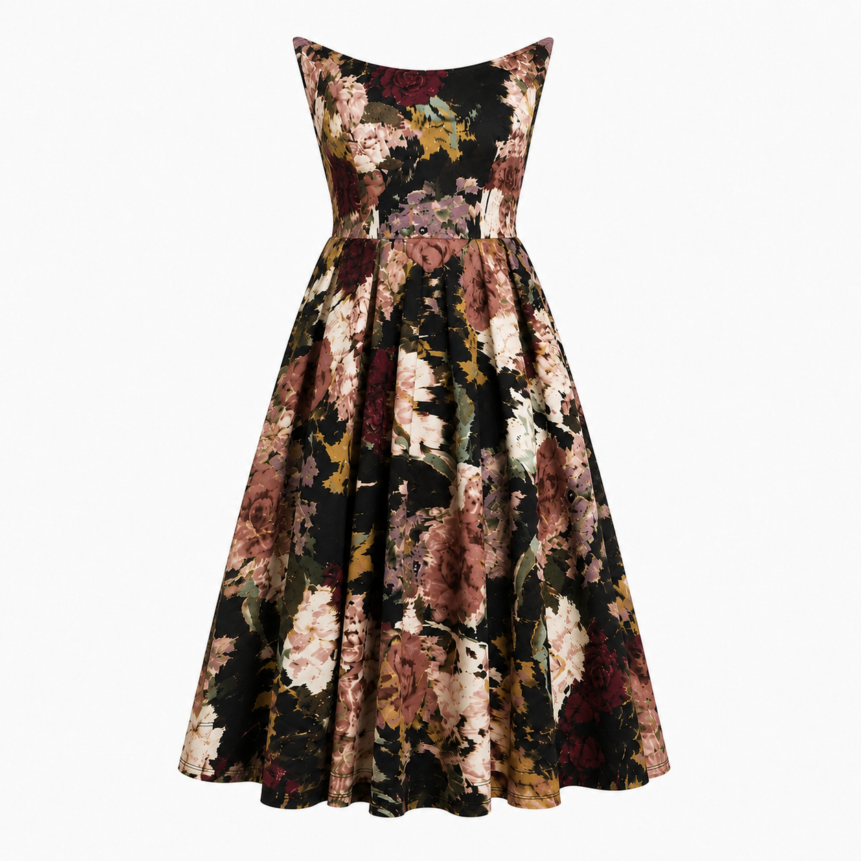 The Sarvin Golshifteh Floral Corset Midi Dress is sleeveless with a fitted bodice and pleated midi skirt, showcasing dark red, pink, beige, and green florals on black. Displayed against a white background.