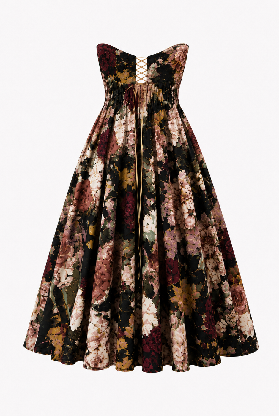 The Sarvin Golshifteh Floral Corset Midi Dress features a strapless design, dark floral print in burgundy, pink, green, and black, subtle ruching on the bodice, and a lace-up center accent for an effortlessly elegant look.