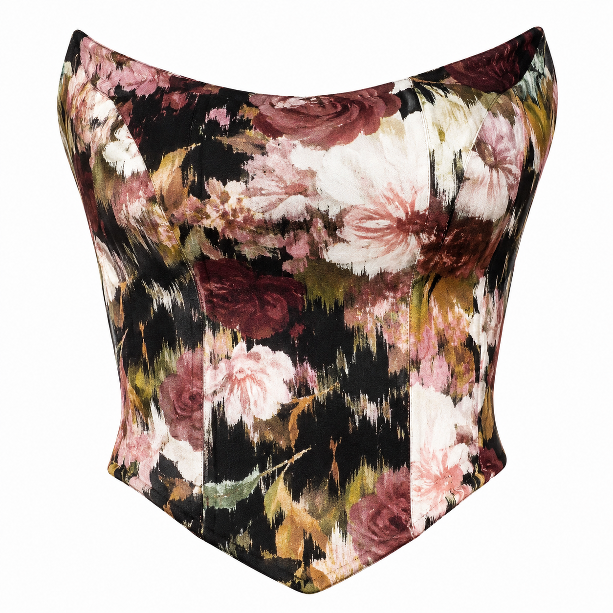 The Sarvin Ivy Corset Top is a strapless, waist-cinching piece featuring a floral print in burgundy, pink, green, and black tones, shown against a white background.