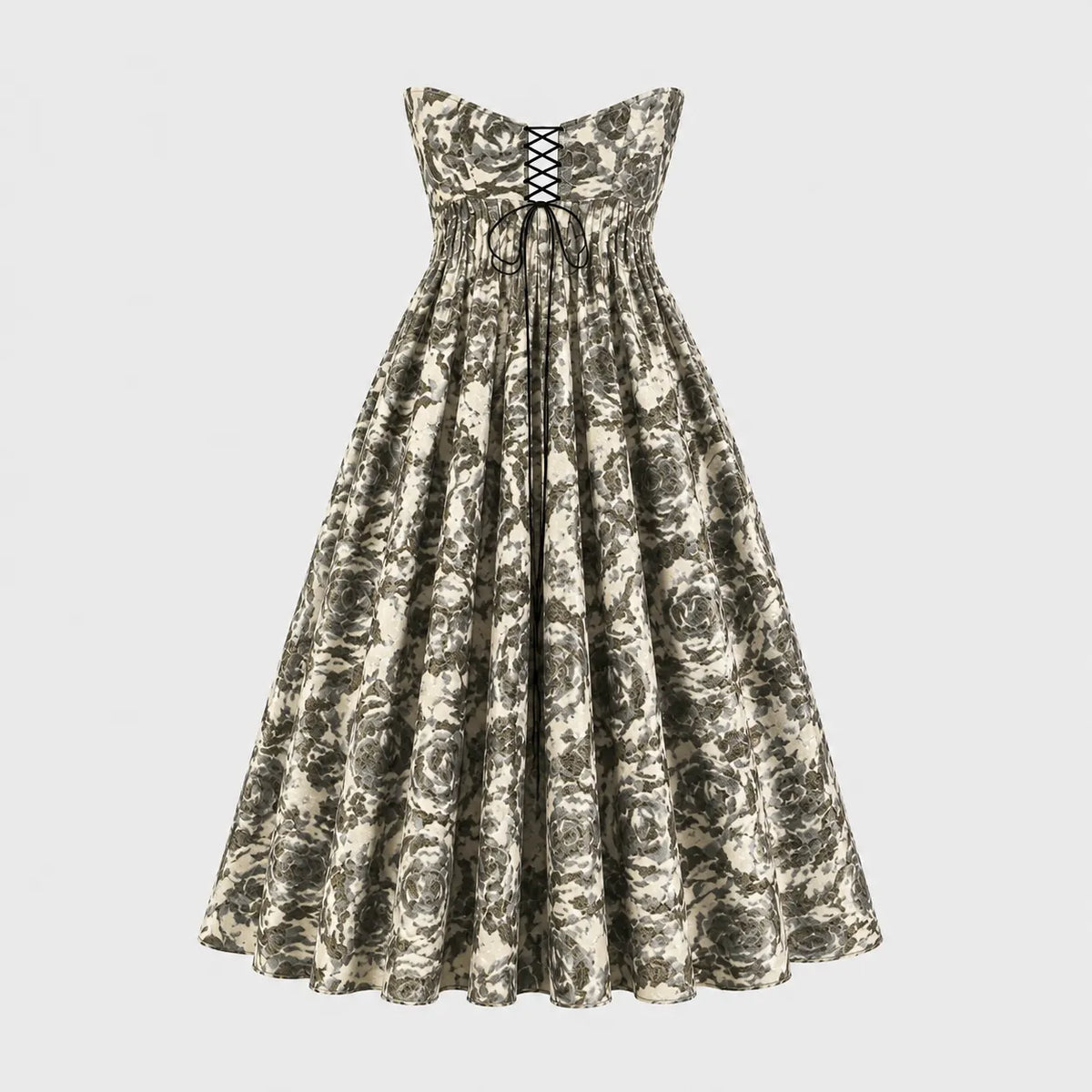 The Tala Corset Midi Dress by Sarvin is a strapless, ankle-length dress with a black and white floral pattern, featuring a fitted bodice with black lace-up front detail and a full gathered skirt for an elegant hourglass silhouette.