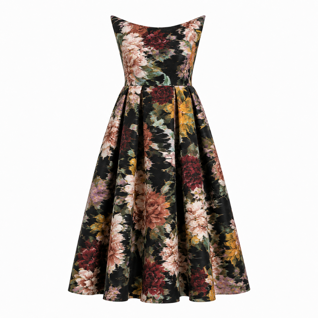 The Sarvin Golshifteh Floral Corset Midi Dress is a sleeveless, full-length midi with a fitted bodice and flared skirt, featuring bold pink, red, yellow, green, and cream blooms on a dark background.