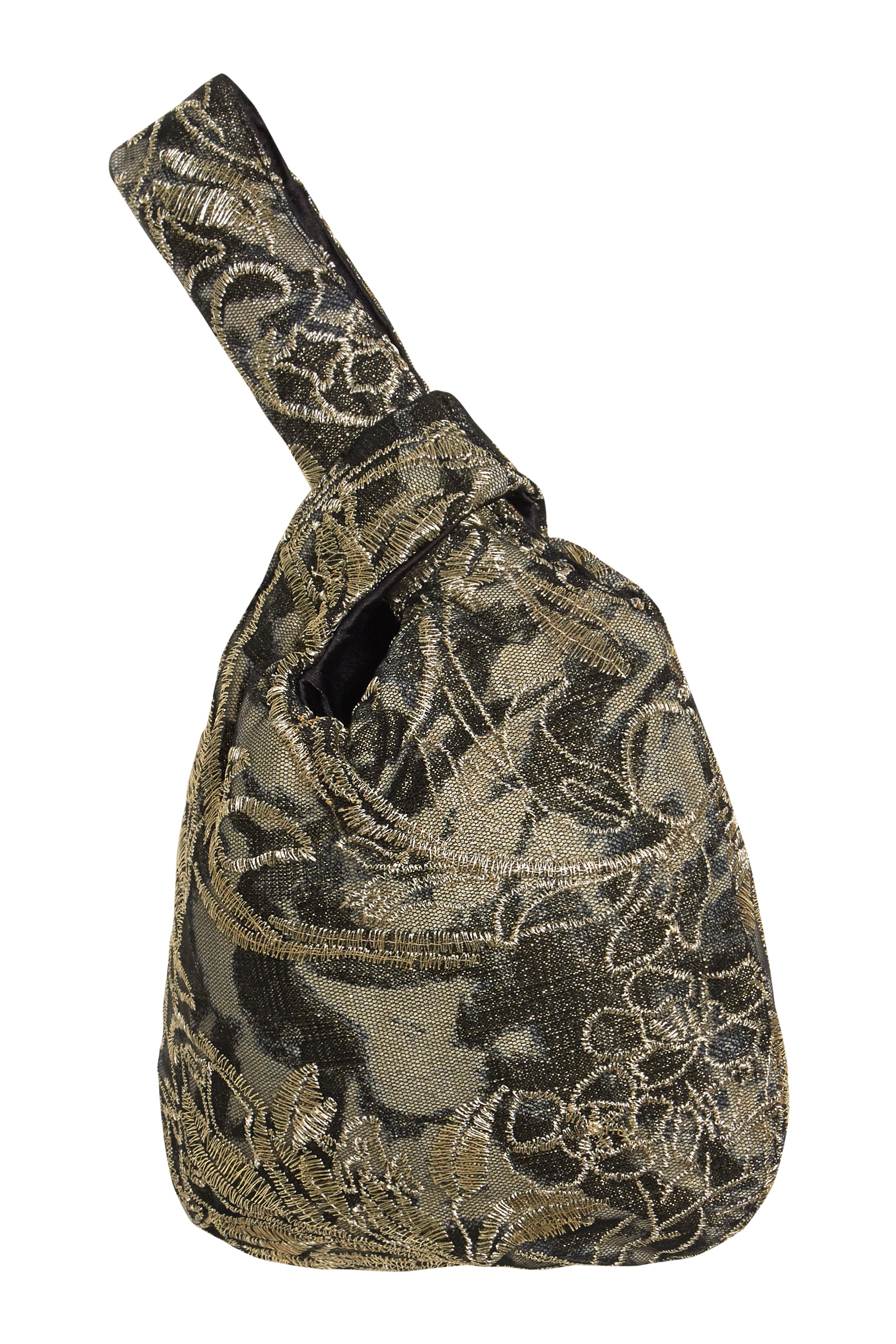The Golden & Black Italian Lace Pouch Bag by Sarvin features a handcrafted floral design, unique looped handle, and rounded body—an elegant accessory perfect for special occasions.