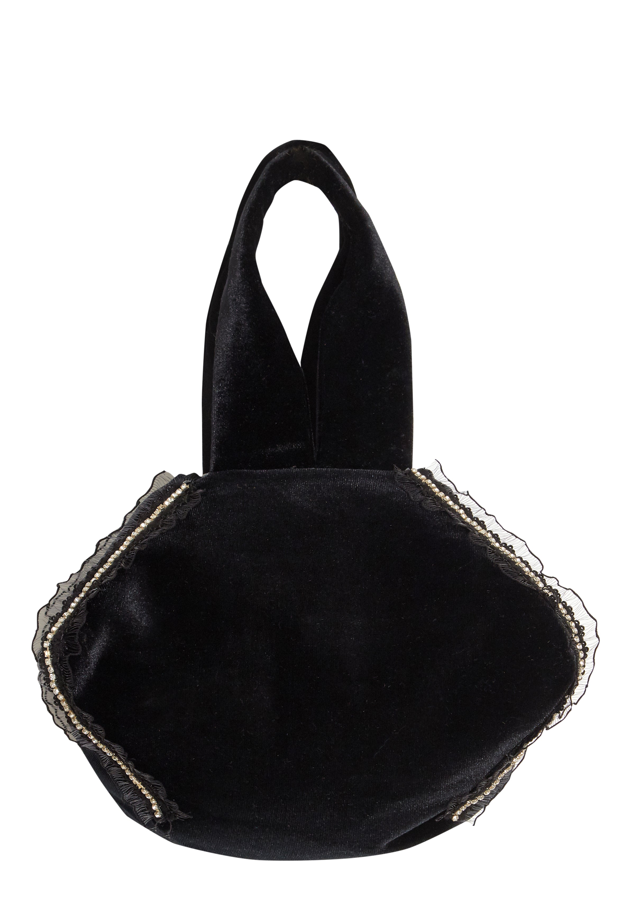 The Sarvin Diamond-Trimmed Lace Velvet Pouch Bag features a plush black velvet design with a rounded shape, two handles, and decorative diamond-trimmed lace, creating an elegant handcrafted accessory for special occasions.