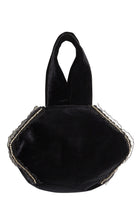 The Sarvin Diamond-Trimmed Lace Velvet Pouch Bag features a plush black velvet design with a rounded shape, two handles, and decorative diamond-trimmed lace, creating an elegant handcrafted accessory for special occasions.