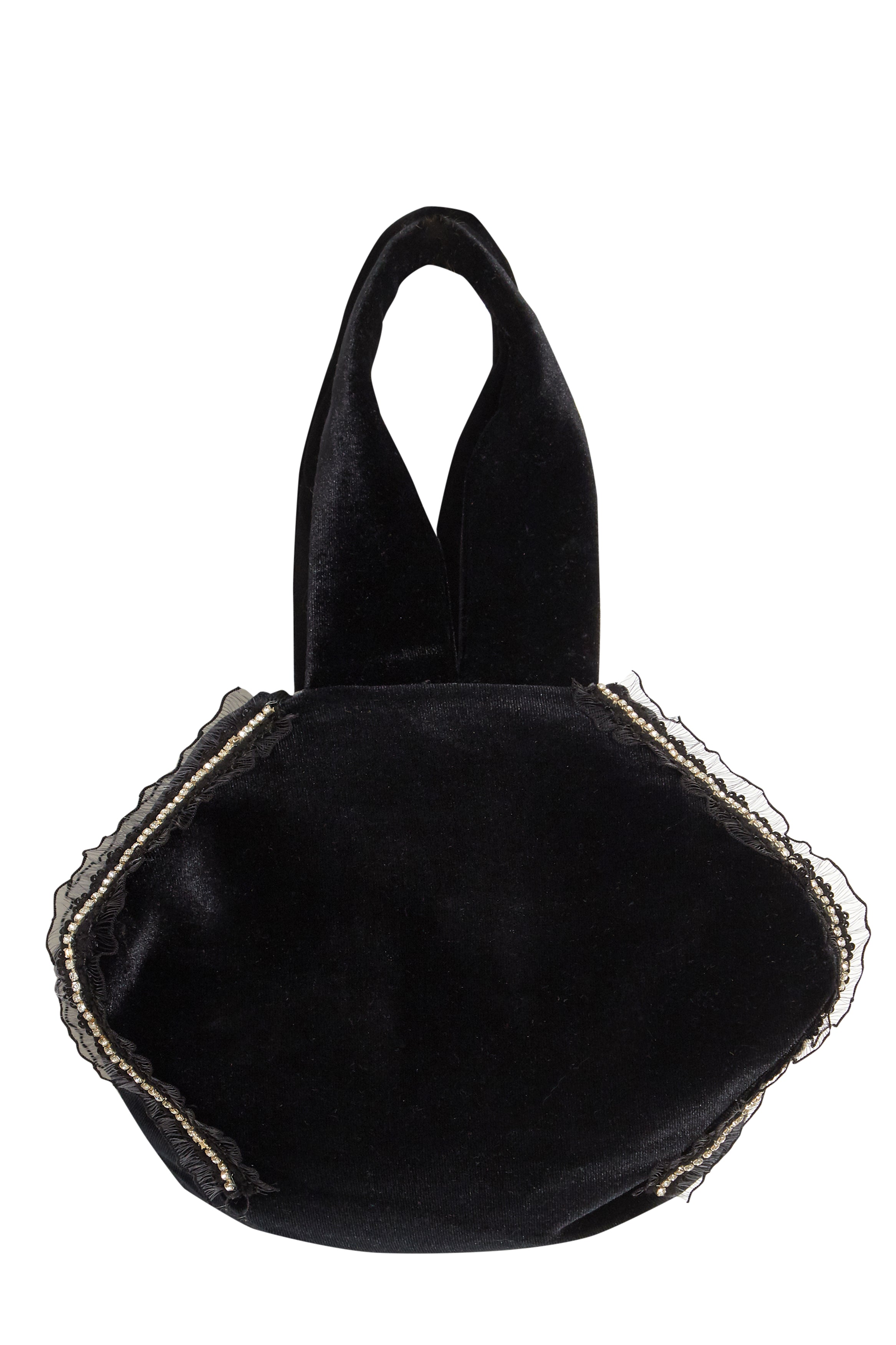 The Sarvin Diamond-Trimmed Lace Velvet Pouch Bag features a plush black velvet design with a rounded shape, two handles, and decorative diamond-trimmed lace, creating an elegant handcrafted accessory for special occasions.