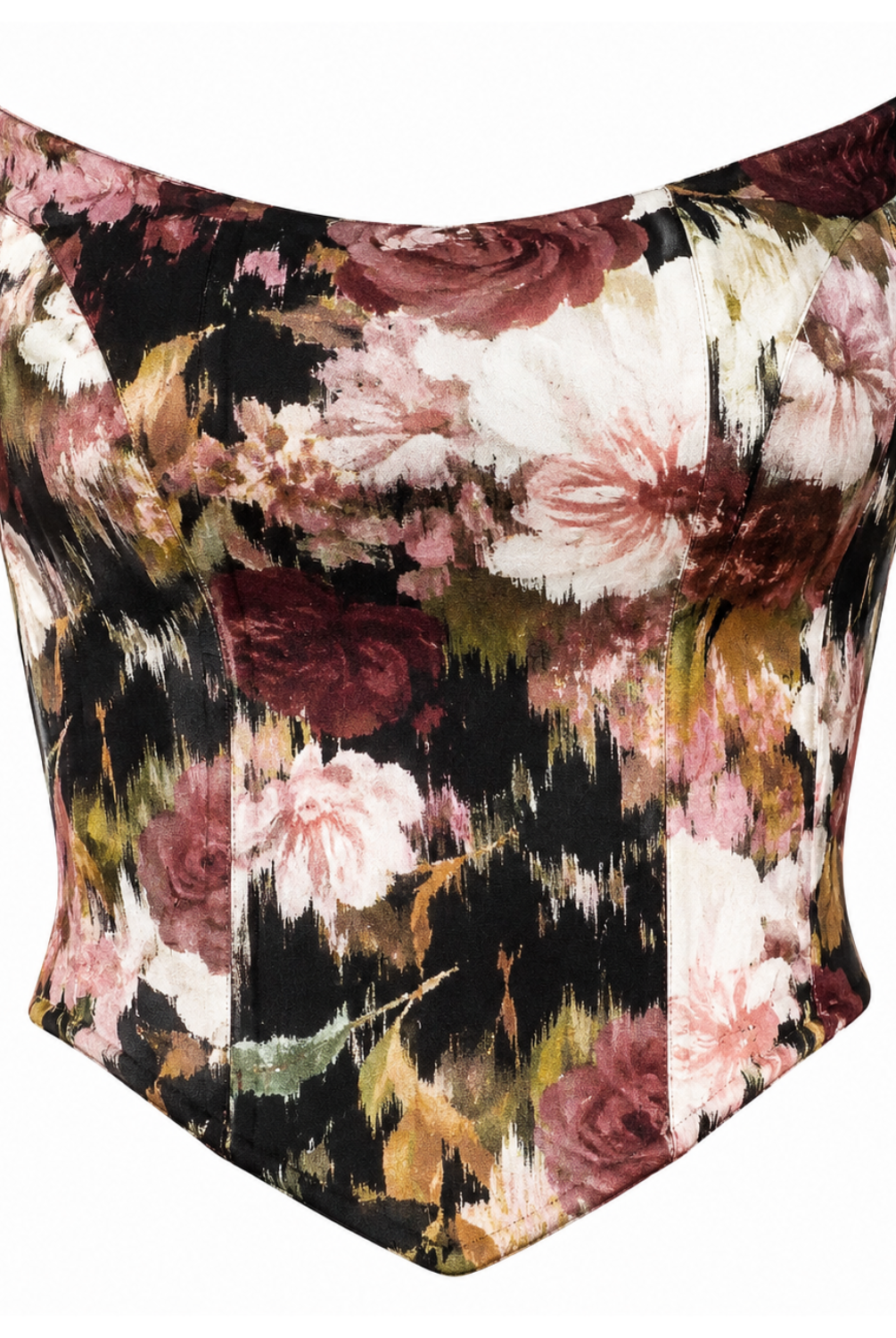 The Ivy Corset Top by Sarvin is a strapless jersey corset with a multicolored floral print in pink, burgundy, cream, and green on black. Its structured bodice and pointed waistline create a fitted hourglass silhouette.