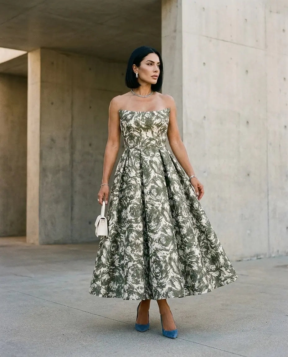 A woman stands outdoors against a concrete wall, wearing the Sarvin Tala Corset Midi Dress, styled with straight black hair, jewelry, blue high heels, and holding a small white purse.