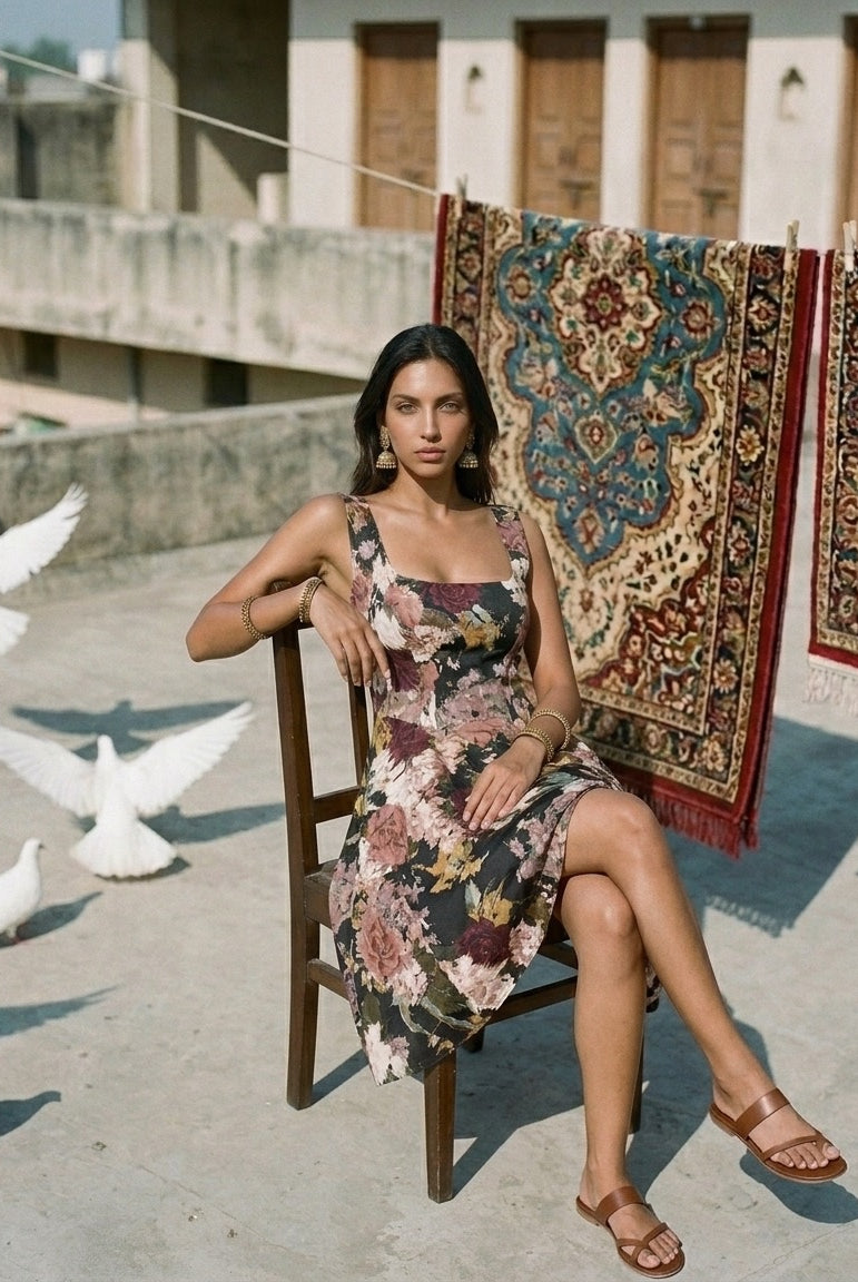 A woman in the Sarvin Golha Floral Corset Dress sits on a wooden chair on a rooftop, with patterned rugs hanging behind her and white doves gathered nearby and flying overhead.