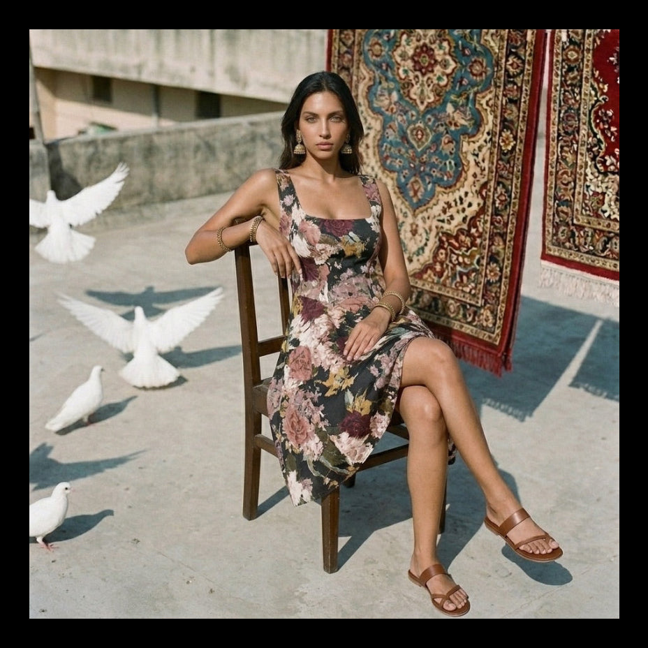 A woman in the Sarvin Golha Floral Corset Dress sits on a wooden chair on a rooftop, with patterned rugs hanging behind her and white doves gathered nearby and flying overhead.