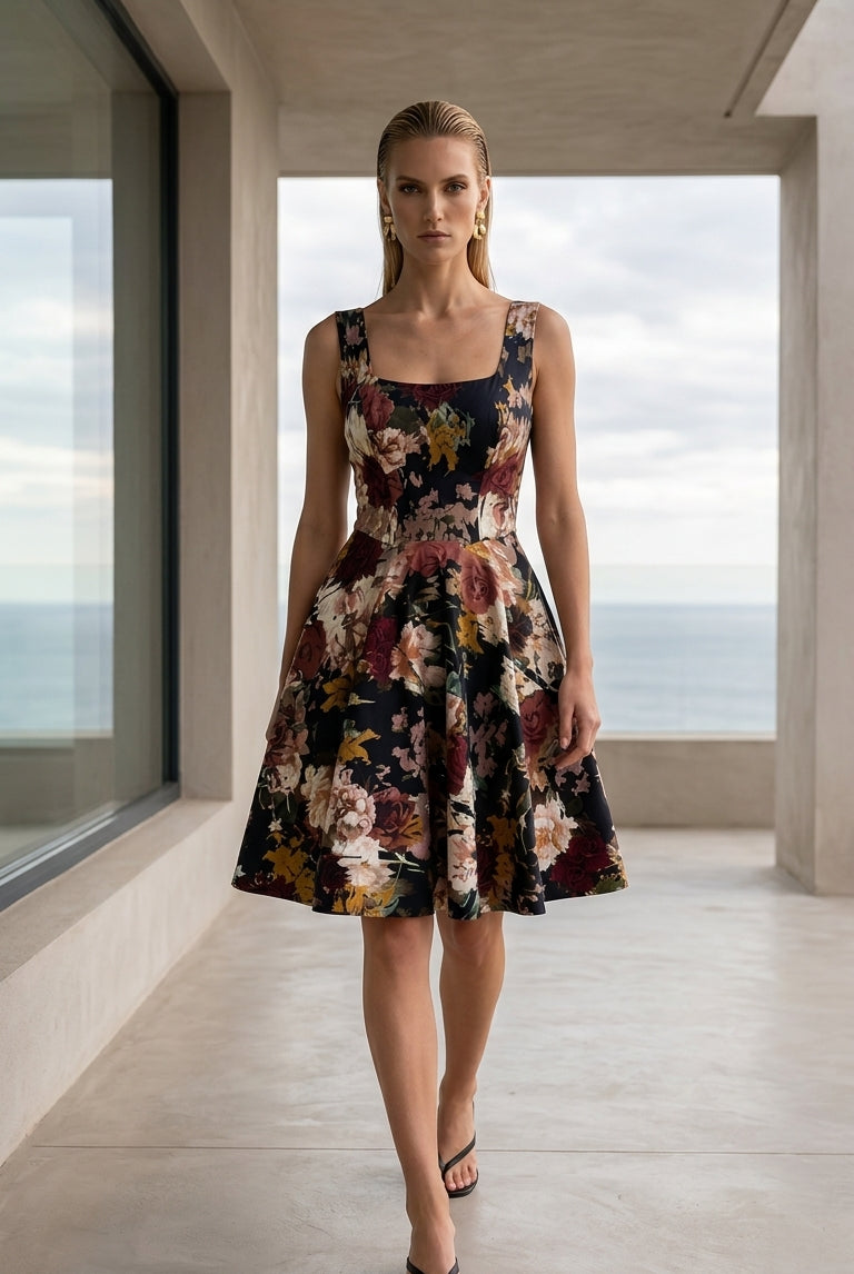 A woman with straight blonde hair walks on a terrace in the sleeveless, knee-length Golha Floral Corset Dress by Sarvin. She wears black sandals; large windows and an ocean view appear in the background.