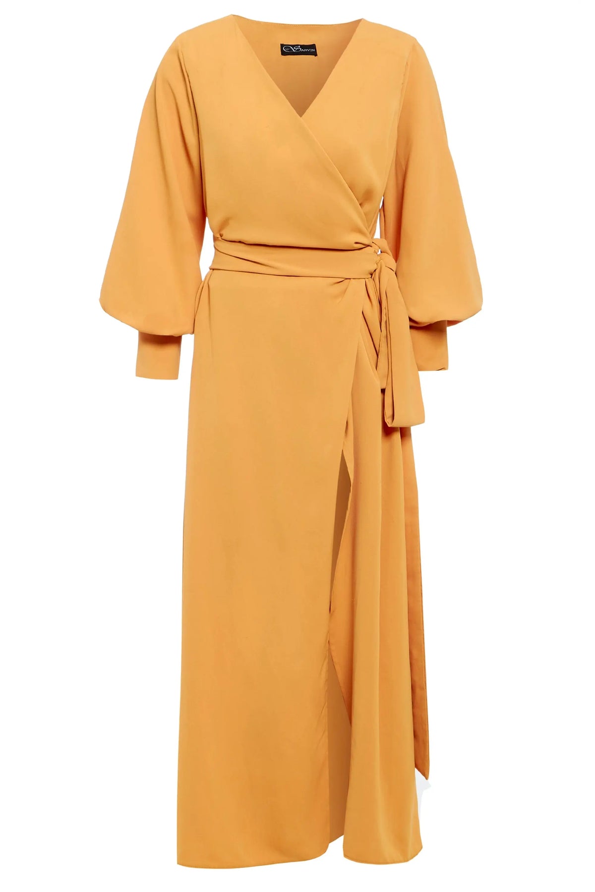 The Sarvin Mustard Wrap Maxi Dress is a vintage-inspired satin maxi dress with long balloon bishop sleeves and a fabric waist belt.