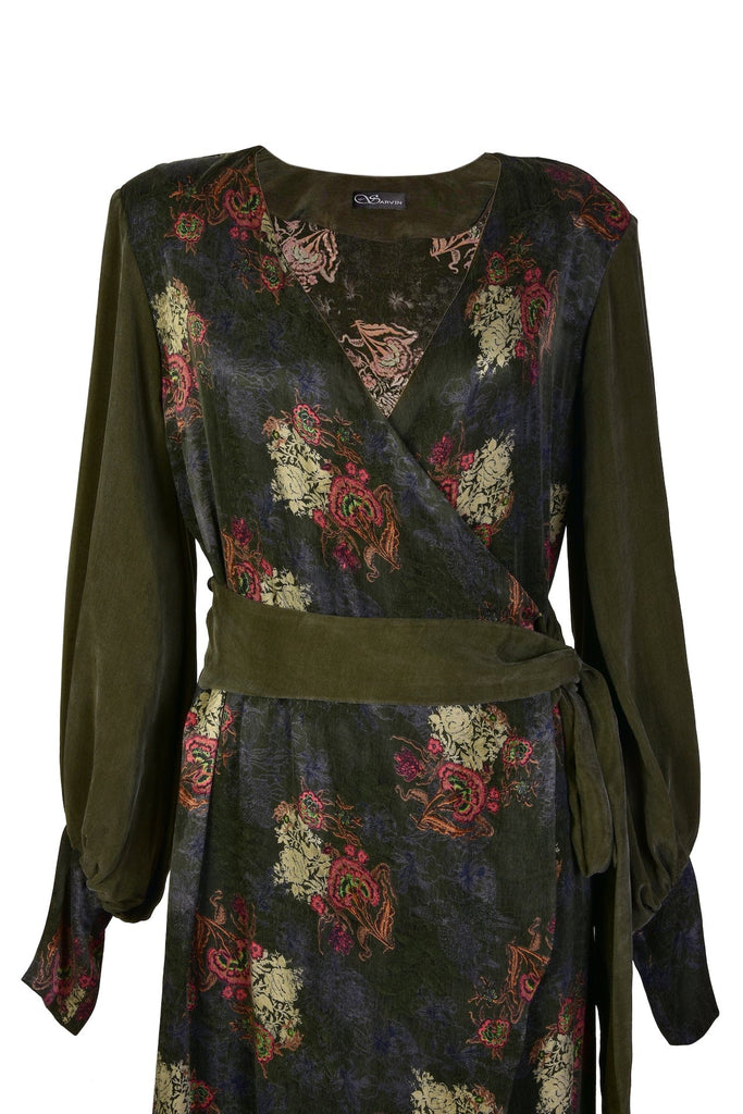 a Sarvin Long Sleeve Wrap Dress with a floral print on it.