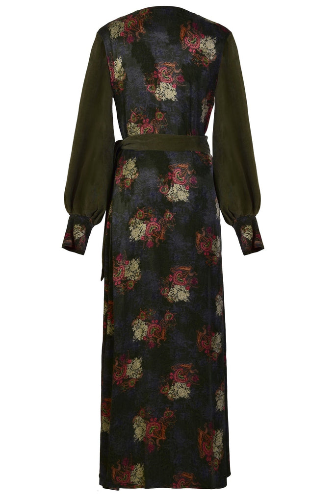 a Sarvin Long Sleeve Wrap Dress with a floral print.