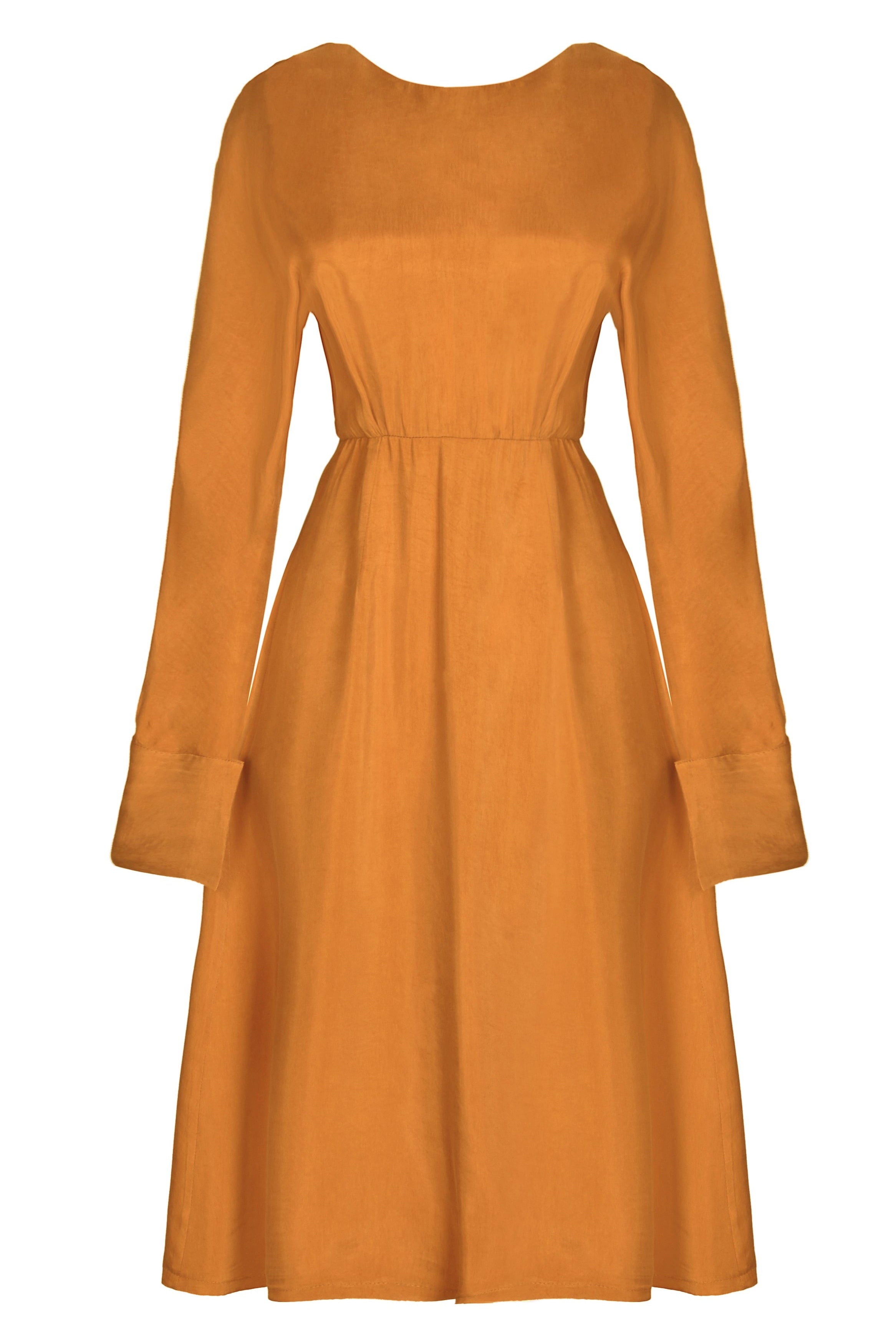 The Sarvin Mustard Yellow Midi Dress is a sustainable, long-sleeved Cupro piece with a fitted waist, slightly flared skirt, round neckline, and extended cuffs for effortless elegance.