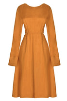 The Sarvin Mustard Yellow Midi Dress is a sustainable, long-sleeved Cupro piece with a fitted waist, slightly flared skirt, round neckline, and extended cuffs for effortless elegance.