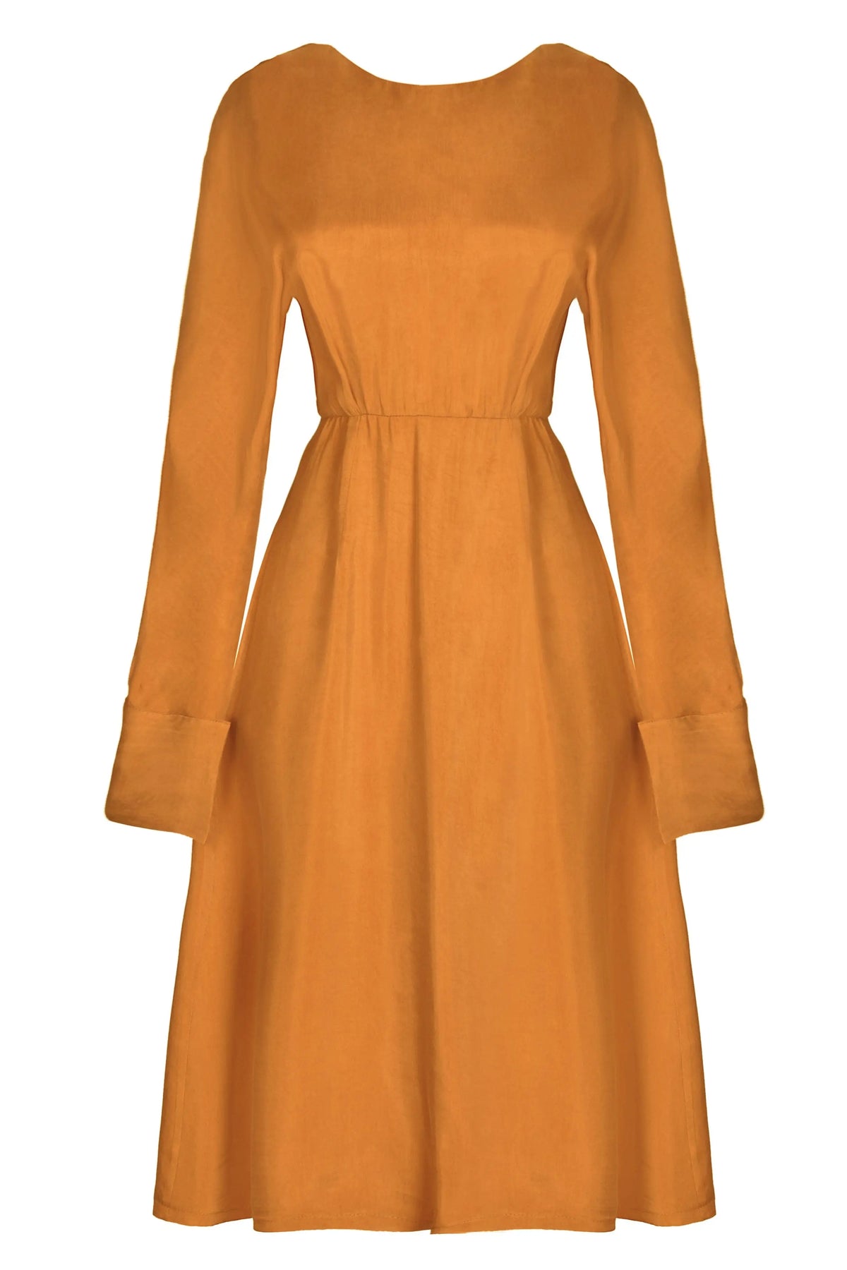The Sarvin Mustard Yellow Midi Dress is a sustainable, long-sleeved Cupro piece with a fitted waist, slightly flared skirt, round neckline, and extended cuffs for effortless elegance.