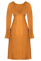 The Sarvin Mustard Yellow Midi Dress is a sustainable, long-sleeved Cupro dress with V-neckline, fitted bodice, flared cuffs with decorative buttons, and a subtle sheen for an elegant look.