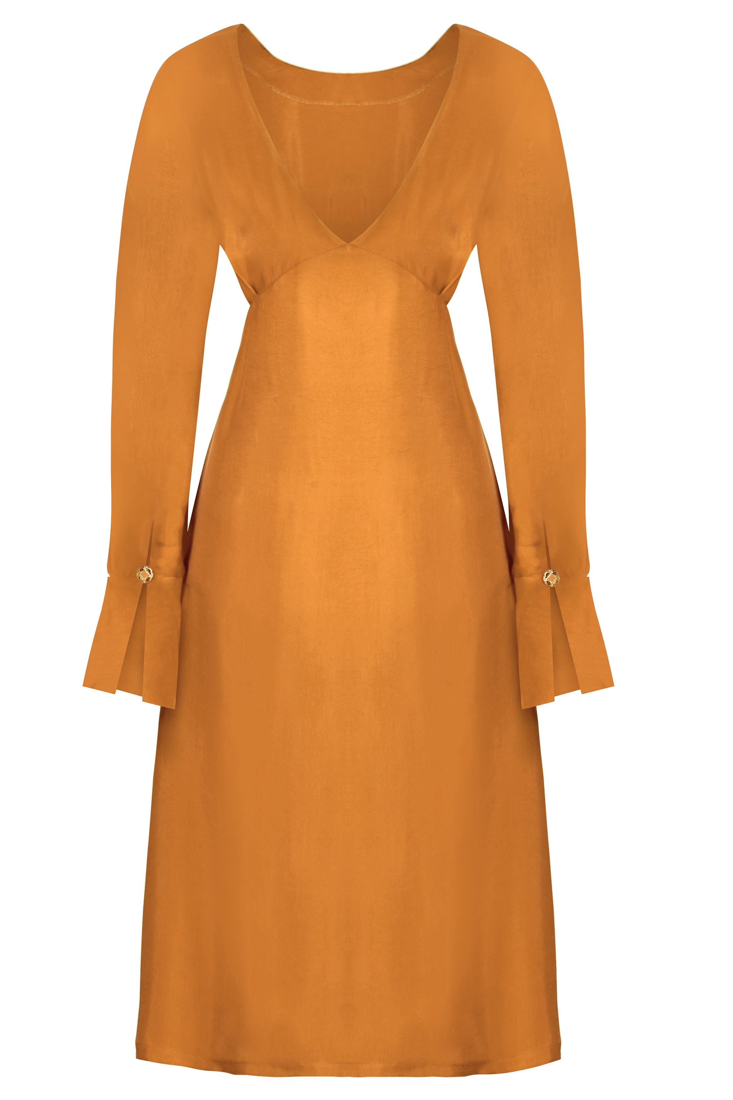 The Sarvin Mustard Yellow Midi Dress is a sustainable, long-sleeved Cupro dress with V-neckline, fitted bodice, flared cuffs with decorative buttons, and a subtle sheen for an elegant look.