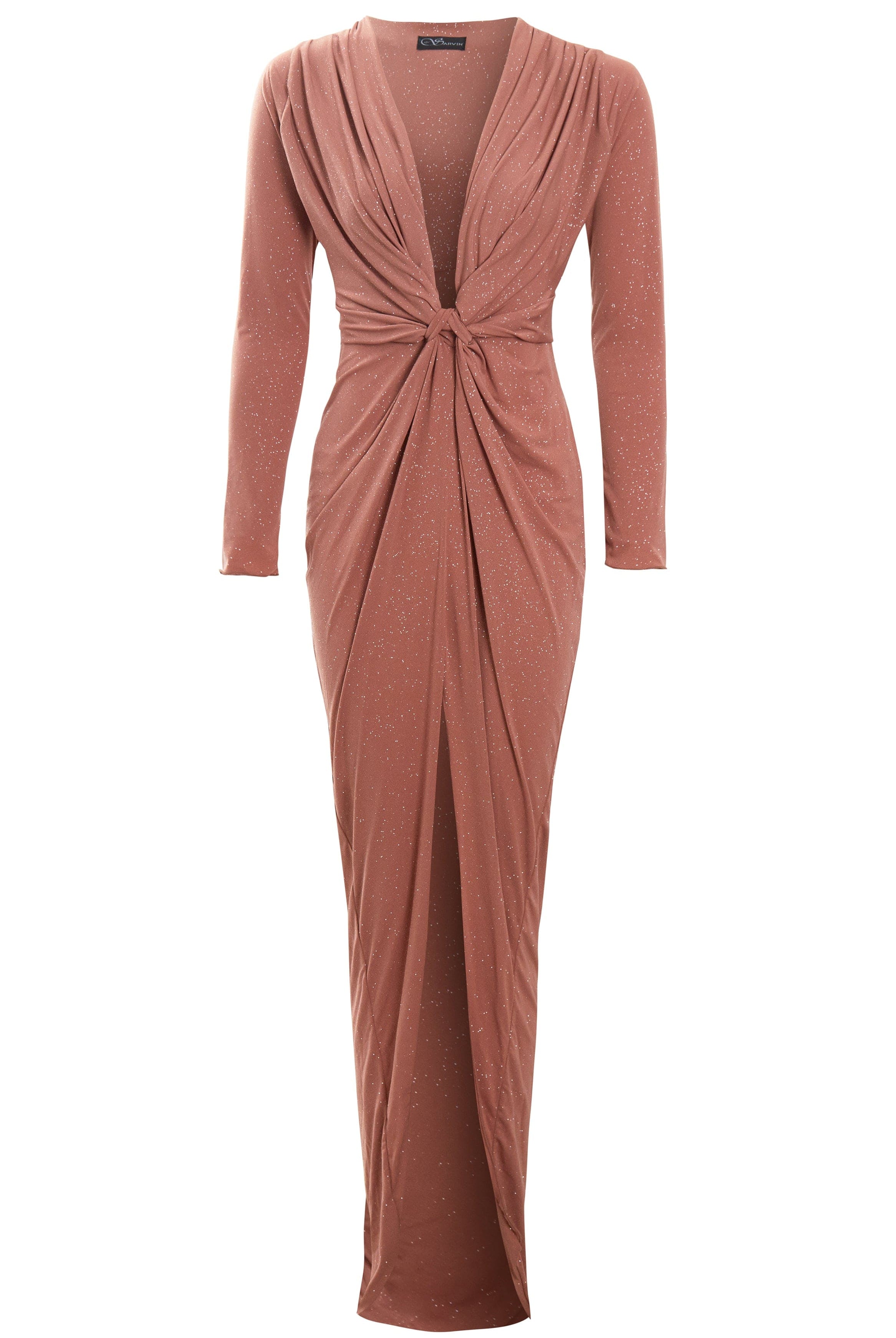 The Sarvin Rose Gold Twist Knot Front Dress is a long-sleeved, floor-length gown with a deep V-neckline and sparkling accents—offering an elegant and alluring look.