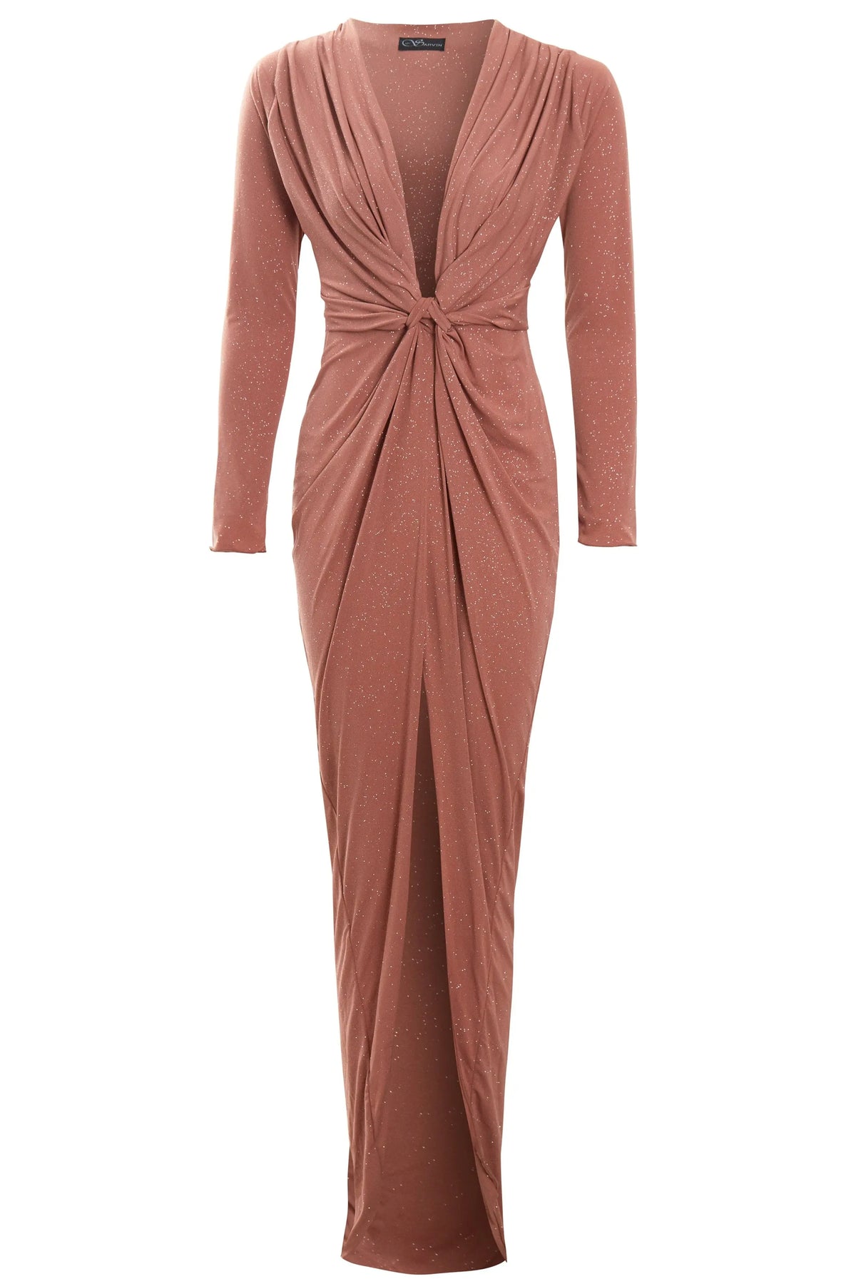 The Sarvin Rose Gold Twist Knot Front Dress is a long-sleeved, floor-length gown with a deep V-neckline and sparkling accents—offering an elegant and alluring look.