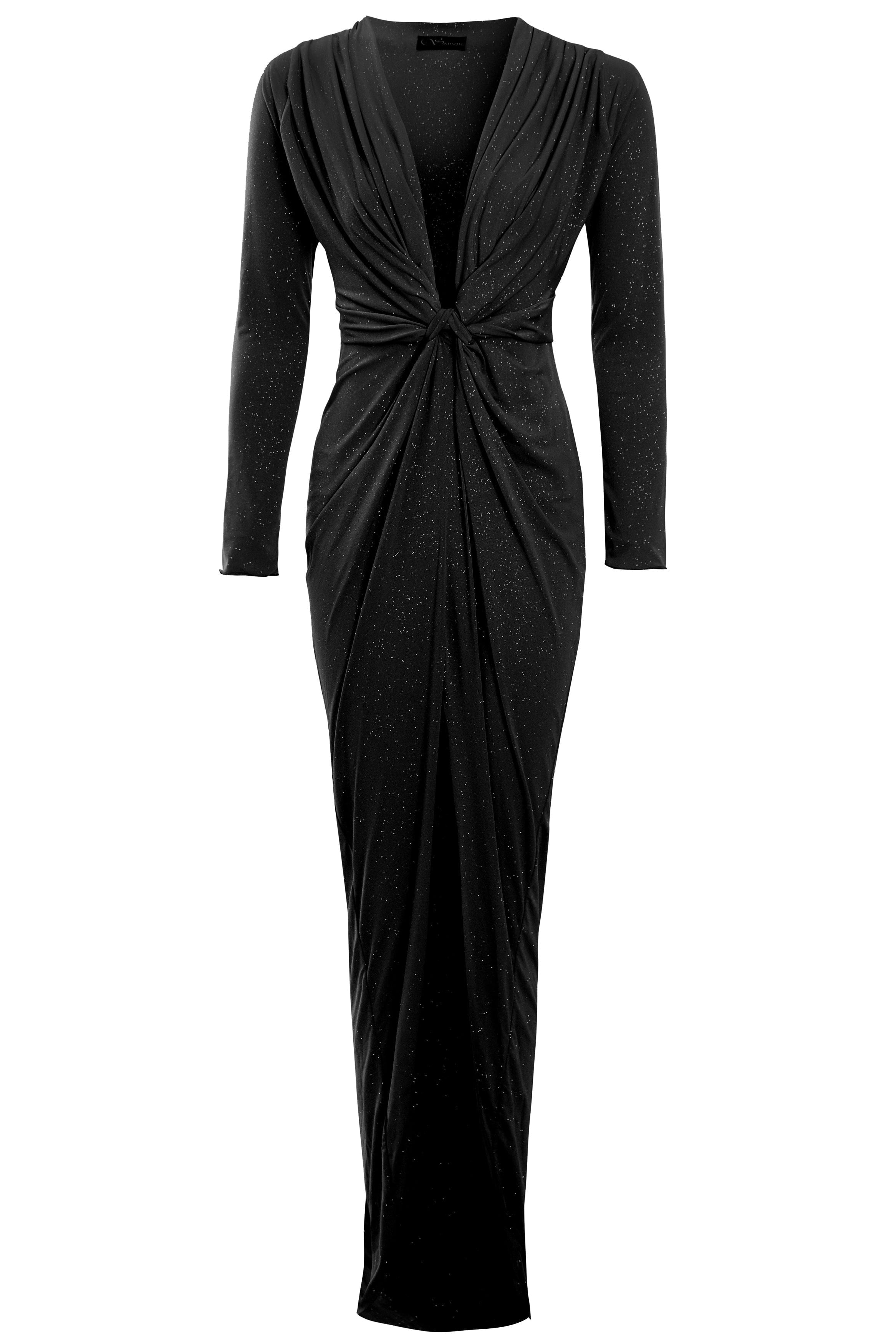 The Sarvin Sparkly Black Twist Front Dress is a fitted, floor-length evening gown with long sleeves, a deep V-neckline, gathered details, and an elegant shimmer for a chic look.