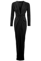 The Sarvin Sparkly Black Twist Front Dress is a fitted, floor-length evening gown with long sleeves, a deep V-neckline, gathered details, and an elegant shimmer for a chic look.