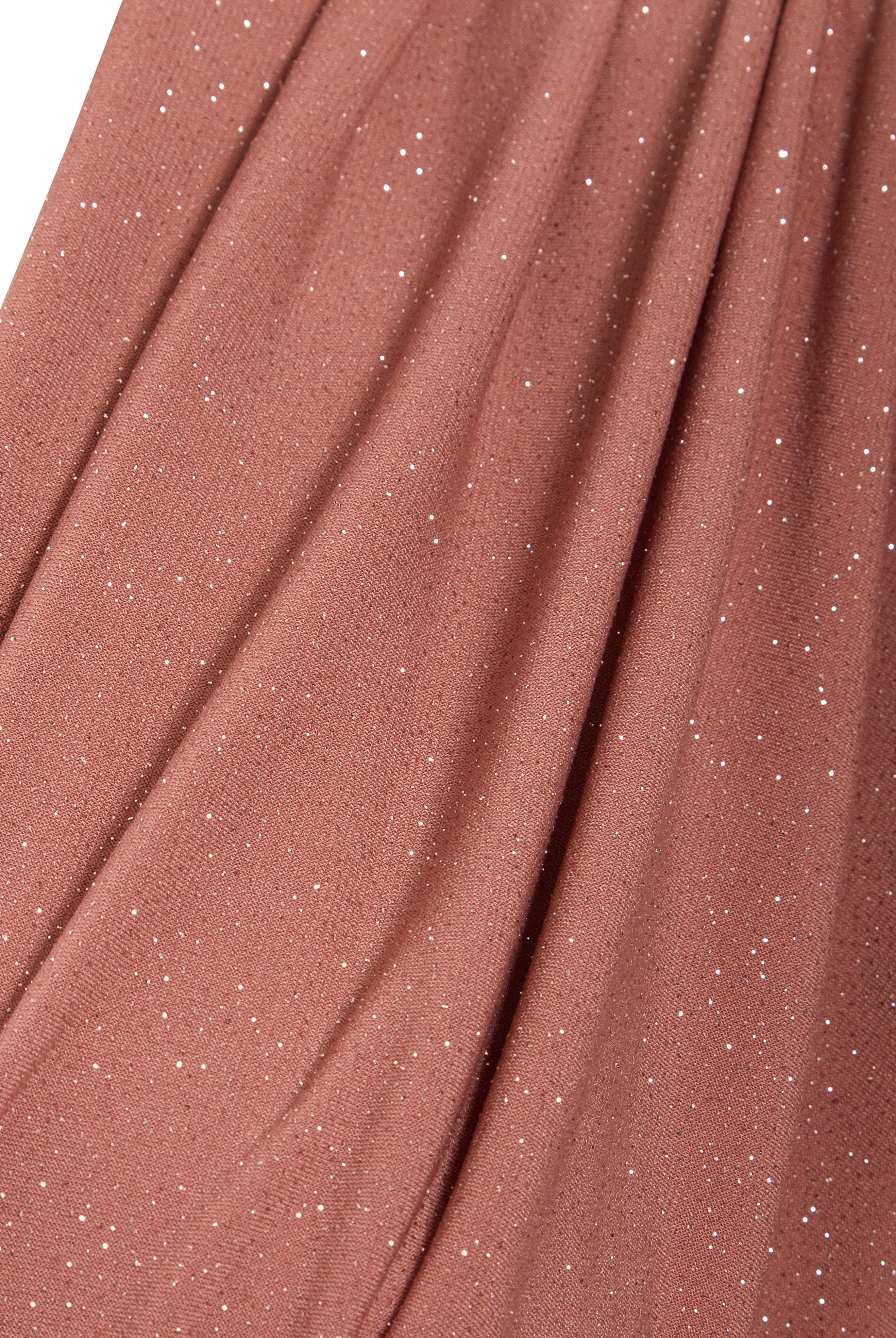 Close-up of the Sarvin Rose Gold Twist Knot Front Dress, featuring dusty rose pink fabric with fine silver glitter and a soft texture—ideal for creating an elegant, shimmering rose gold evening look.