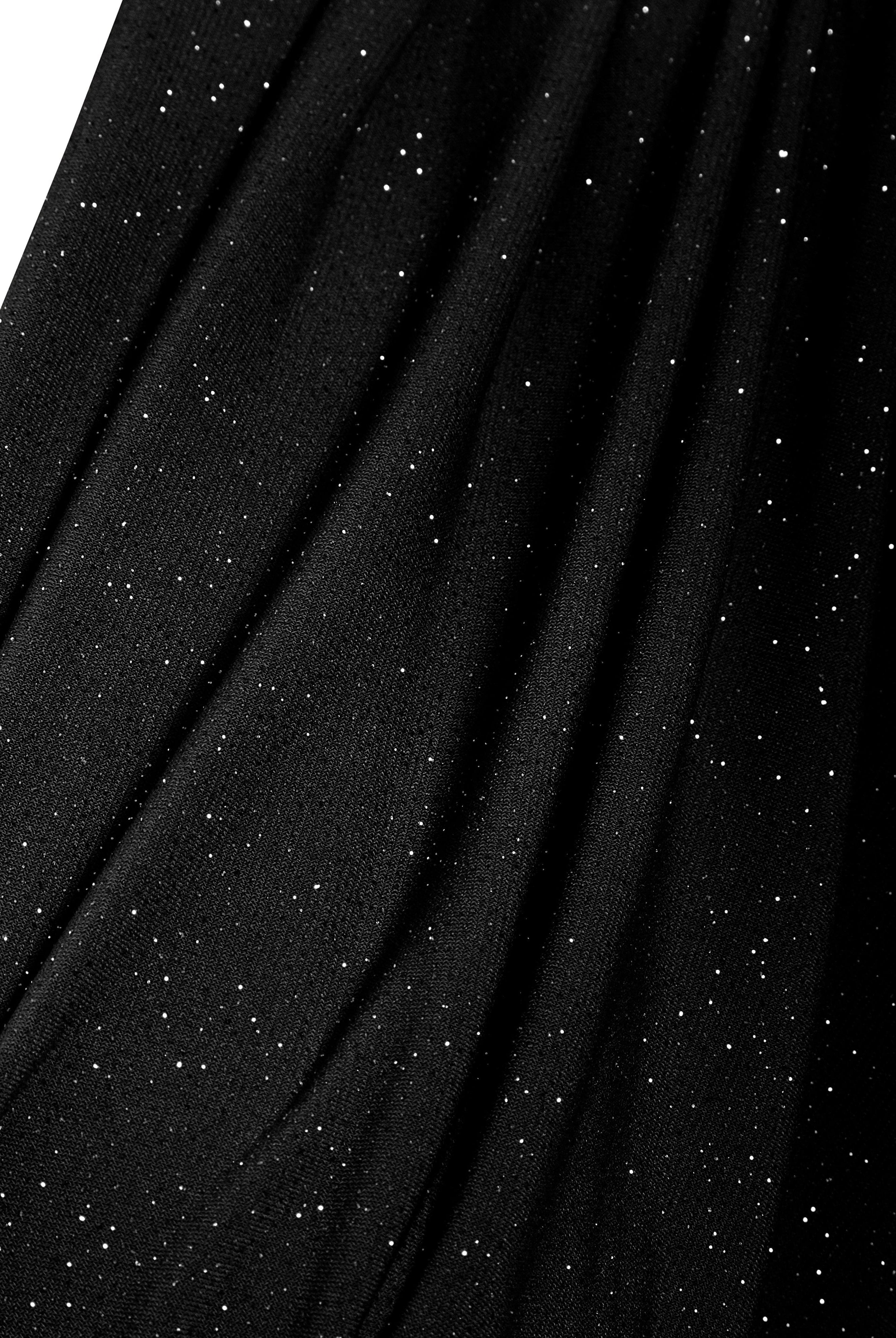 The Sarvin Sparkly Black Twist Front Dress features black fabric with fine silver flecks for a starry, glittery effect—perfect for evening wear. Elegant draping adds to its sophisticated style.