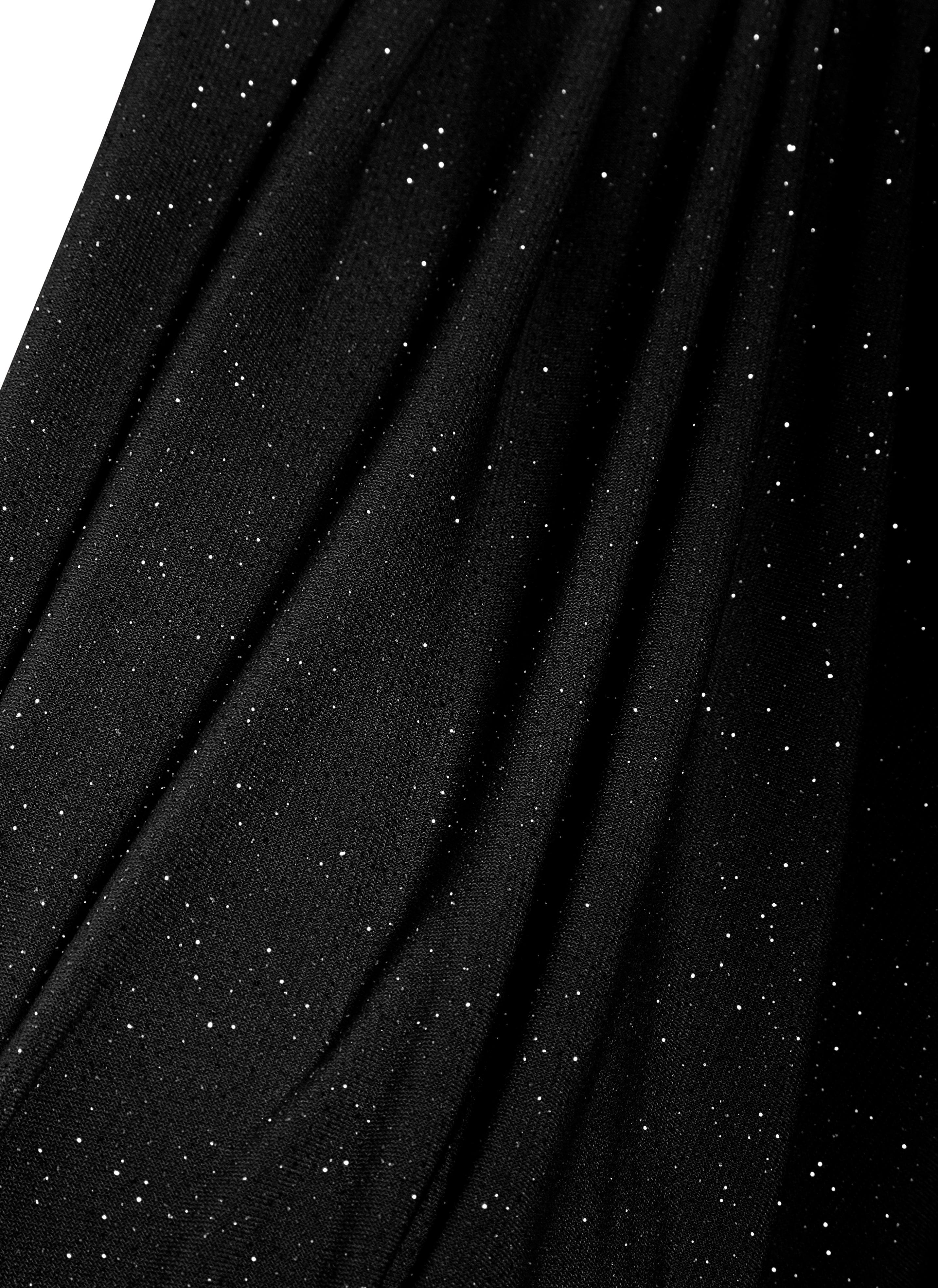 The Sarvin Sparkly Black Twist Front Dress features black fabric with fine silver flecks for a starry, glittery effect—perfect for evening wear. Elegant draping adds to its sophisticated style.