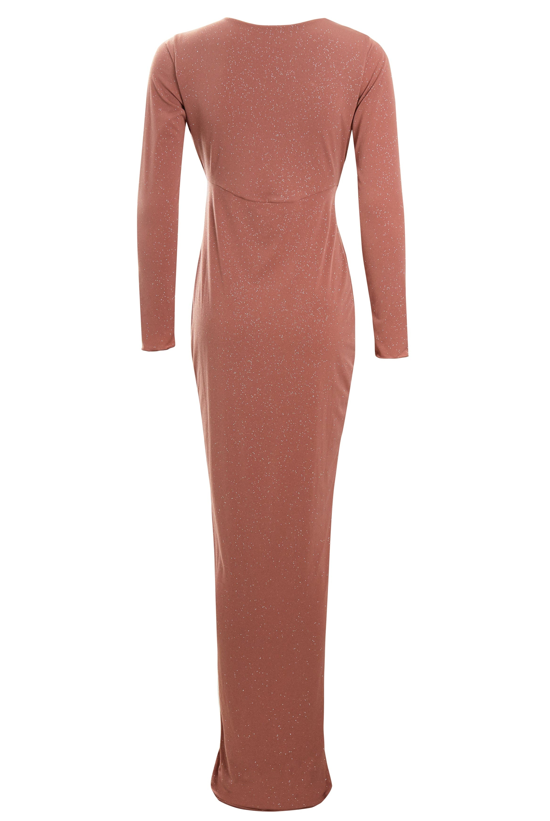 A long-sleeved, floor-length Sarvin Rose Gold Twist Knot Front Dress with a subtle shimmer is shown from the back, featuring a fitted silhouette and seam detail across the upper back.
