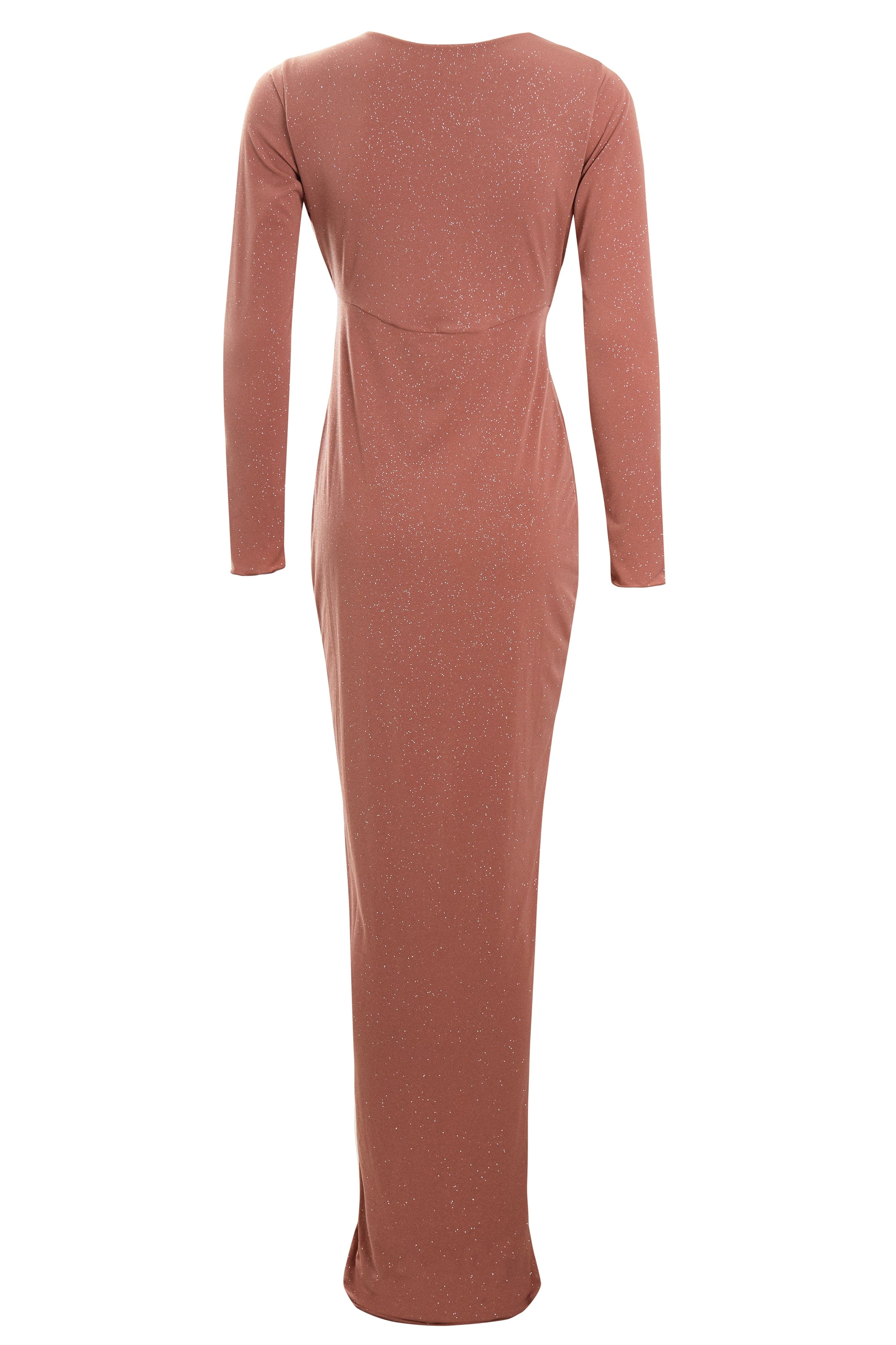 A long-sleeved, floor-length Sarvin Rose Gold Twist Knot Front Dress with a subtle shimmer is shown from the back, featuring a fitted silhouette and seam detail across the upper back.