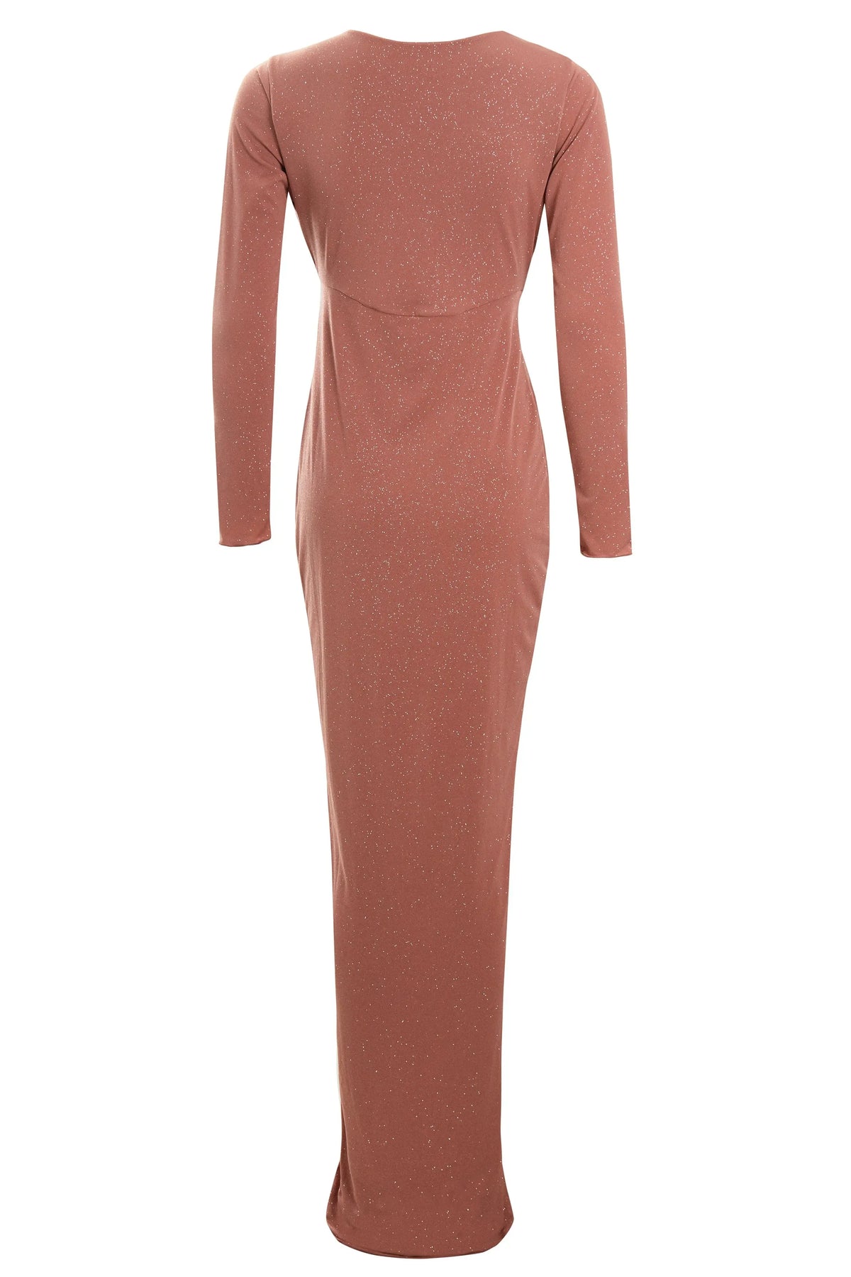 A long-sleeved, floor-length Sarvin Rose Gold Twist Knot Front Dress with a subtle shimmer is shown from the back, featuring a fitted silhouette and seam detail across the upper back.