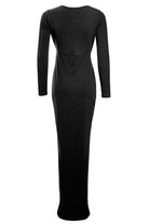 The Sarvin Sparkly Black Twist Front Dress features long sleeves and a subtle shimmering speckled pattern, shown from the back against a plain white background.