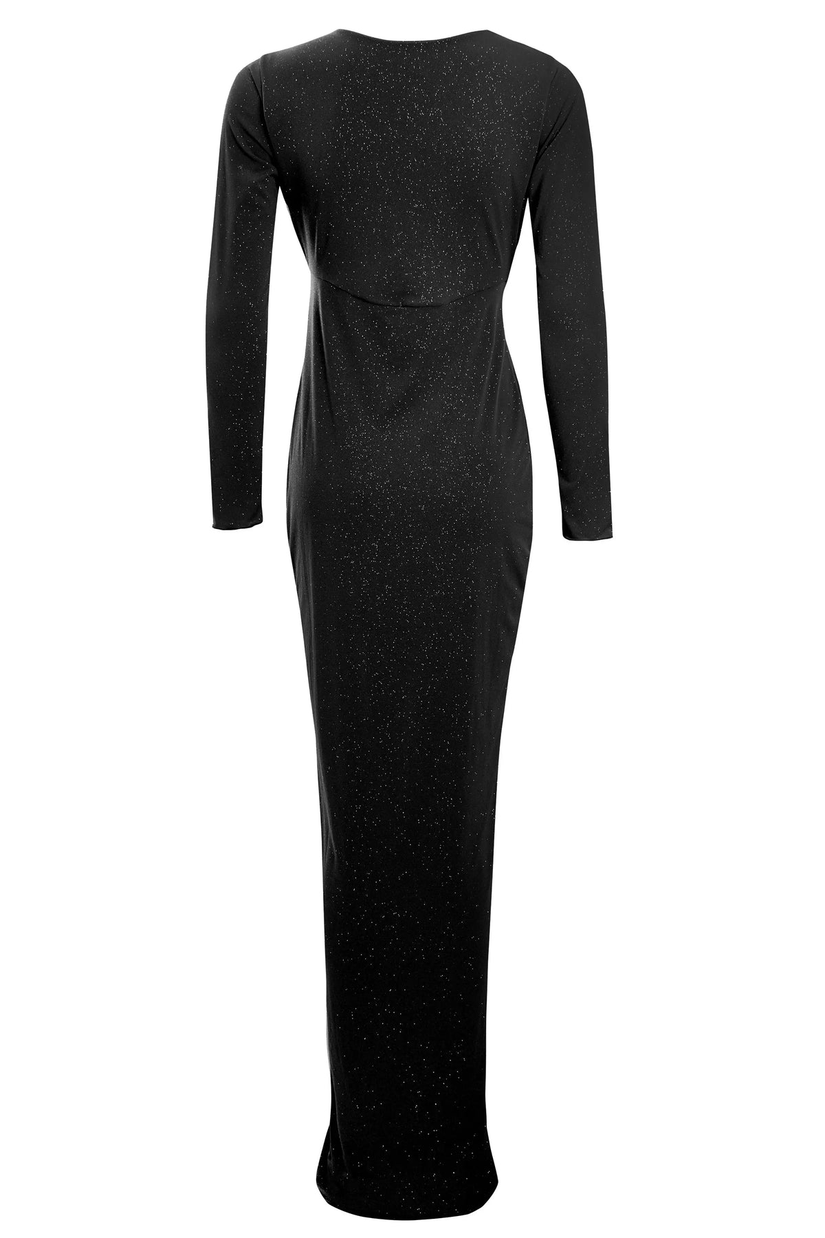 The Sarvin Sparkly Black Twist Front Dress features long sleeves and a subtle shimmering speckled pattern, shown from the back against a plain white background.