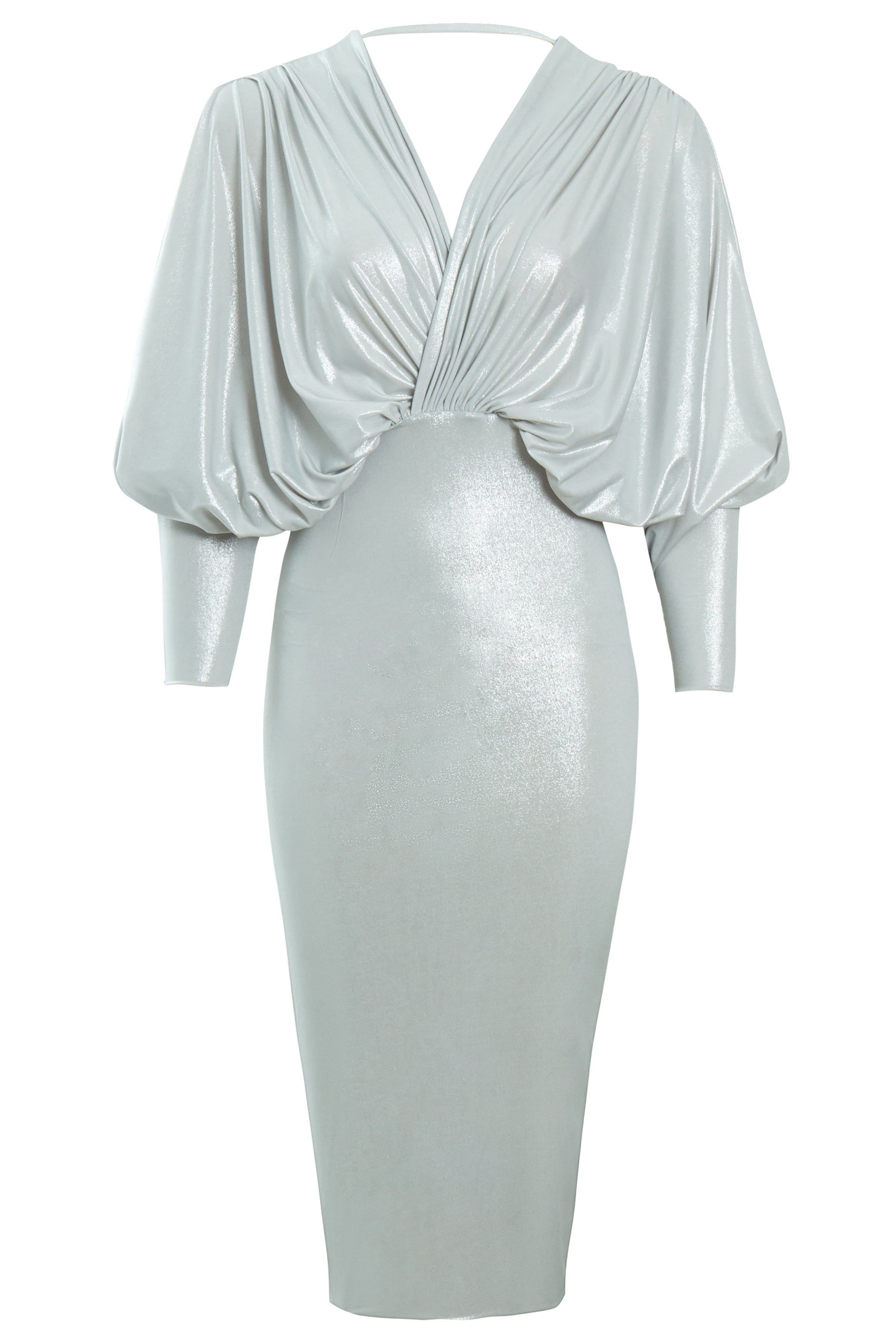 The Sarvin Batwing Sleeve Midi Dress features a silver metallic finish, long batwing sleeves, deep V-neckline, gathered waist draping, fitted skirt, and ruched upper for a chic bodycon party look.