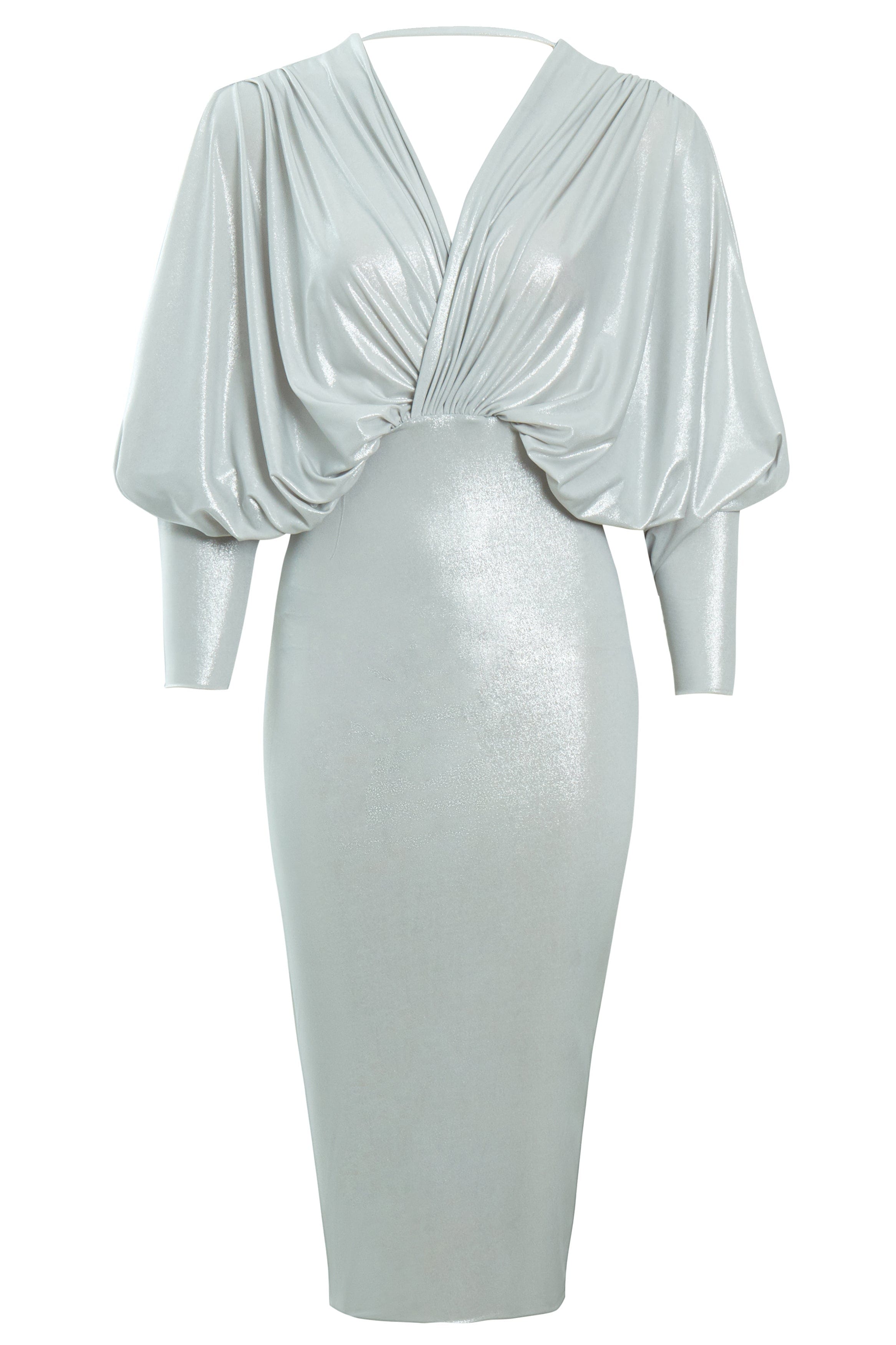 The Sarvin Batwing Sleeve Midi Dress features a silver metallic finish, long batwing sleeves, deep V-neckline, gathered waist draping, fitted skirt, and ruched upper for a chic bodycon party look.