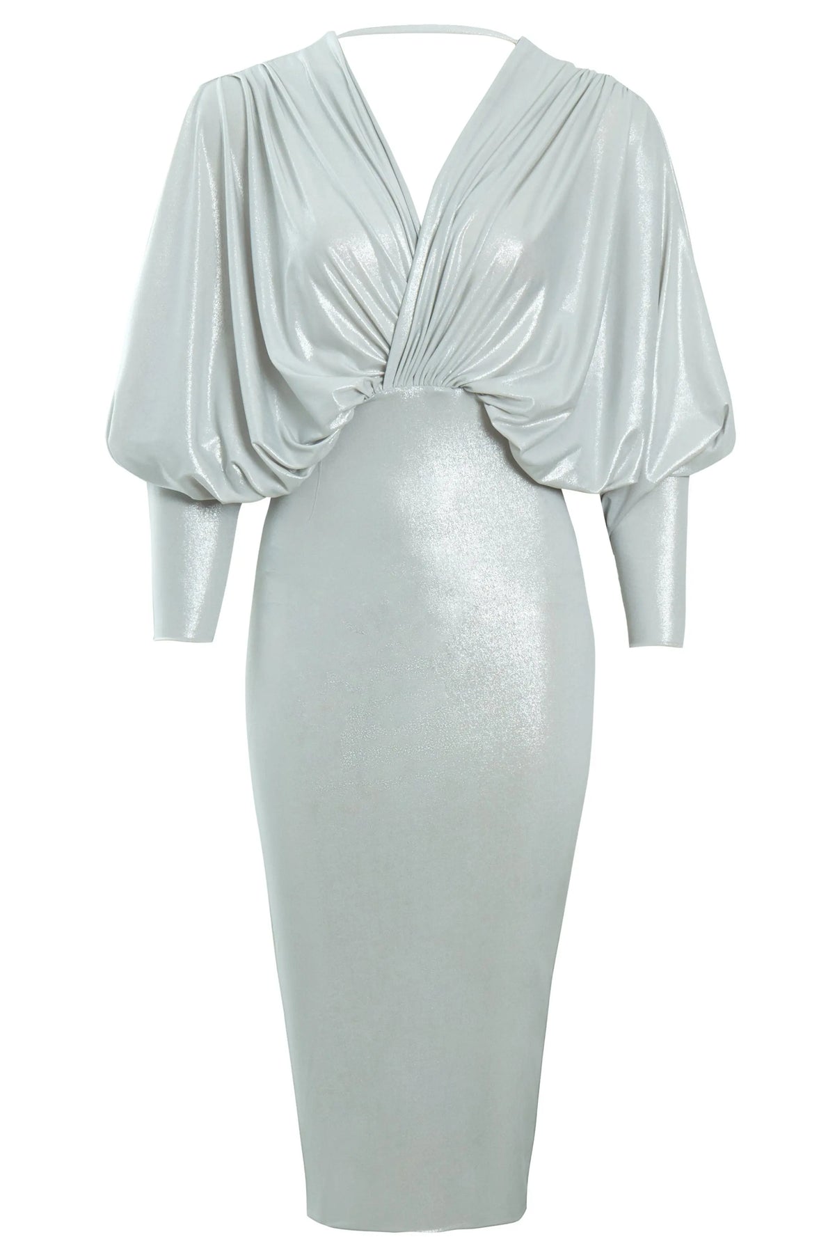 The Sarvin Batwing Sleeve Midi Dress features a silver metallic finish, long batwing sleeves, deep V-neckline, gathered waist draping, fitted skirt, and ruched upper for a chic bodycon party look.