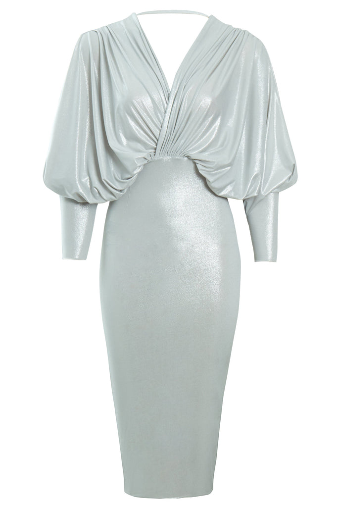 a Sarvin silver metallic Batwing Sleeve Dress.