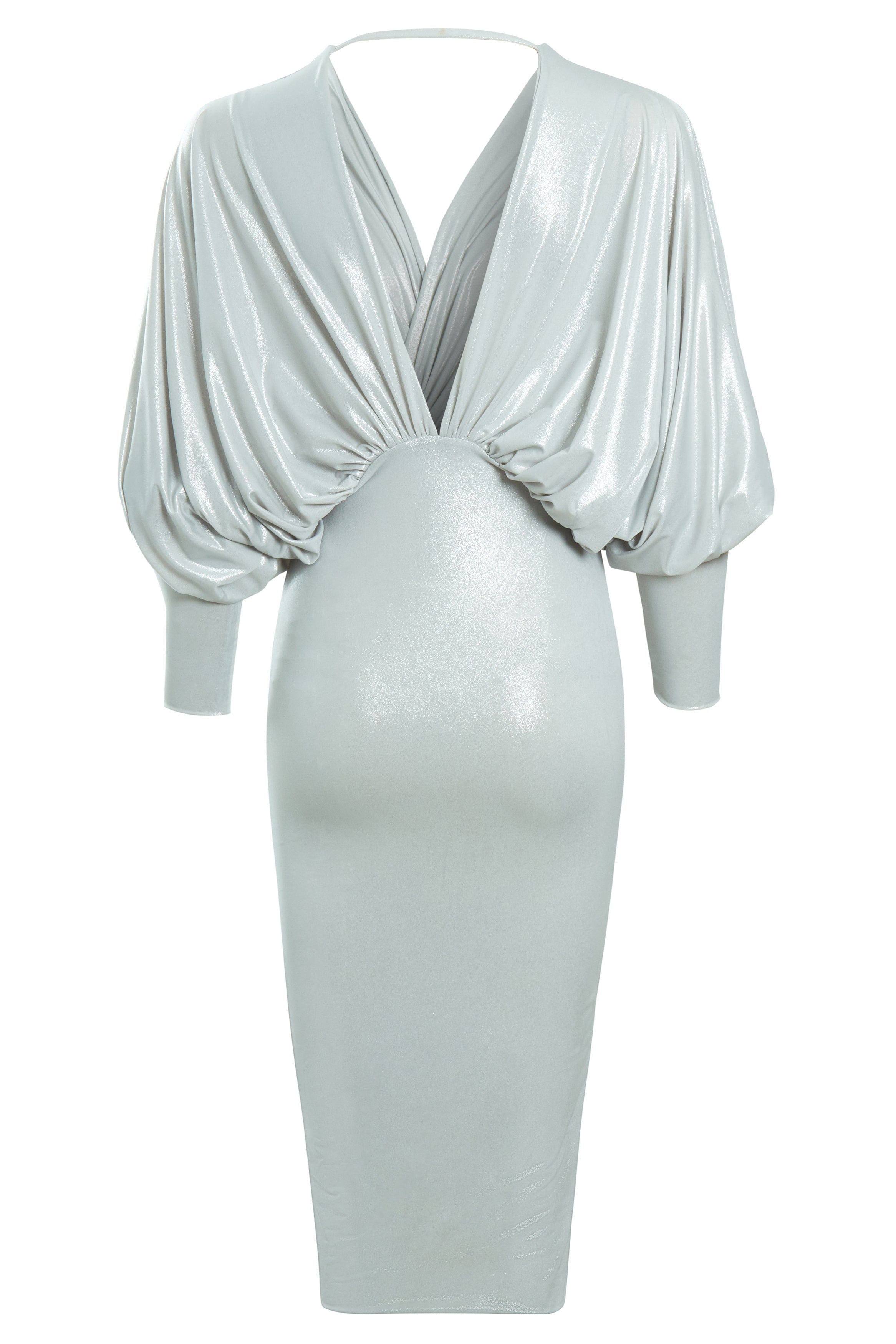 The Sarvin Batwing Sleeve Midi Dress is a silver metallic bodycon featuring draped batwing sleeves, a deep V-neckline, fitted waist, open back with a chic horizontal strap, and a subtle sheen. Perfect for parties.