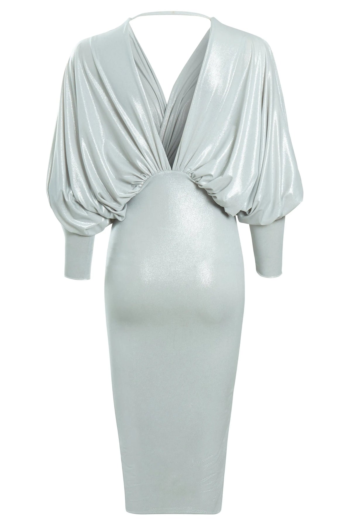 The Sarvin Batwing Sleeve Midi Dress is a silver metallic bodycon featuring draped batwing sleeves, a deep V-neckline, fitted waist, open back with a chic horizontal strap, and a subtle sheen. Perfect for parties.