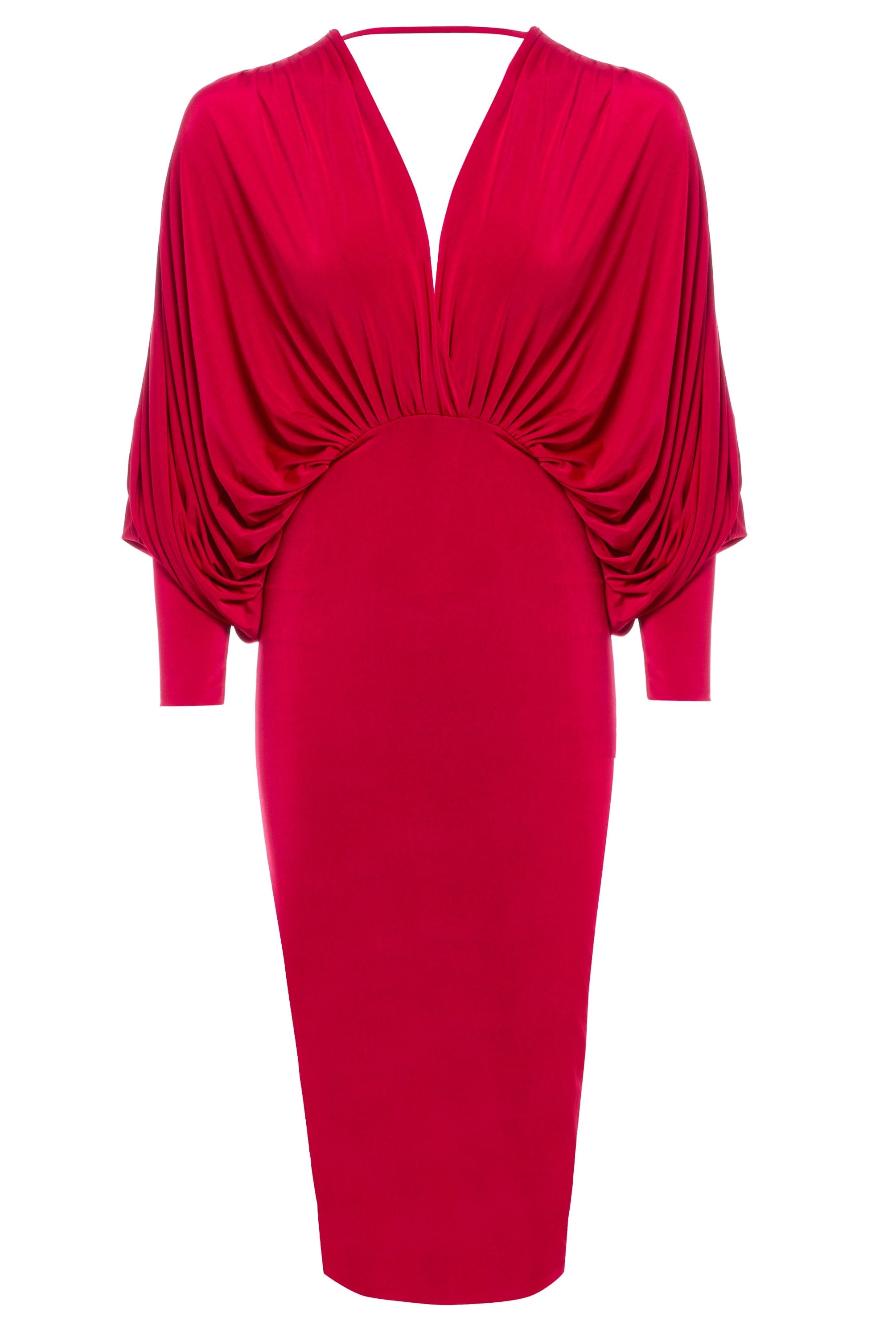 A Sarvin Red Batwing Dress with long sleeves.
